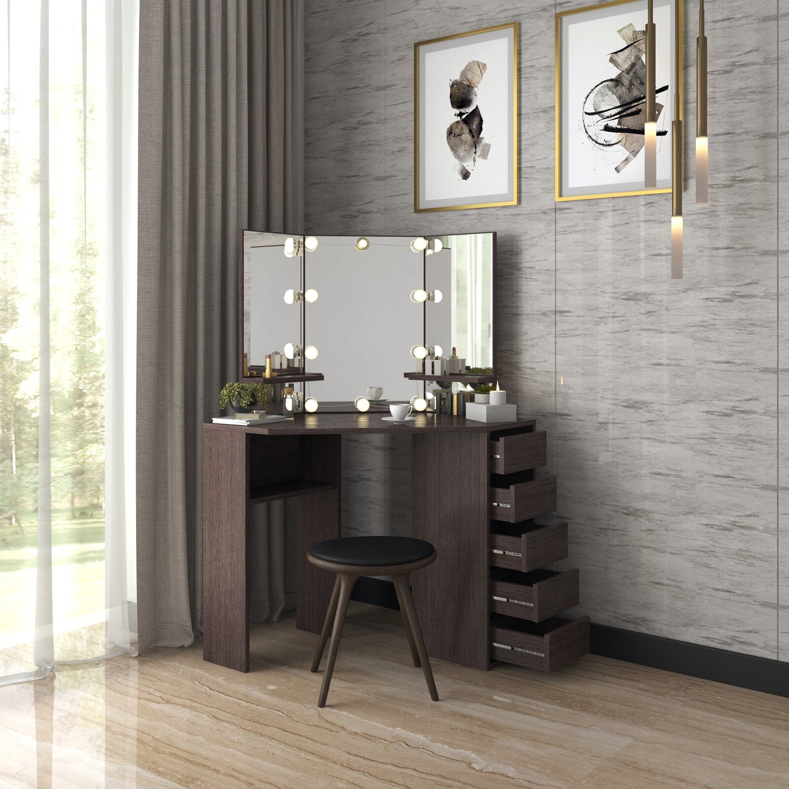 Contemporary Corner Vanity Table with Mirror