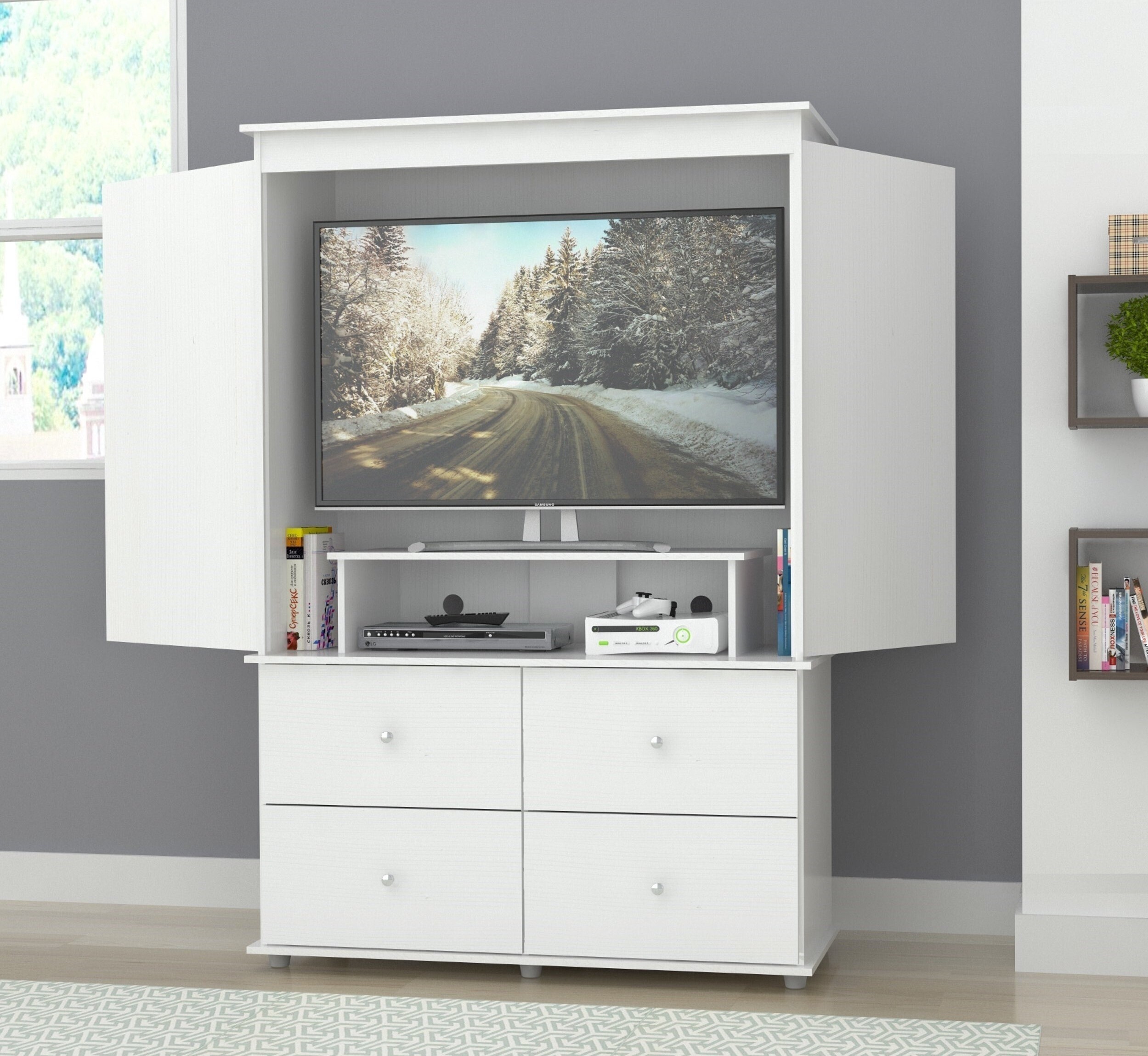Contemporary White TV Armoire with Doors and Drawers