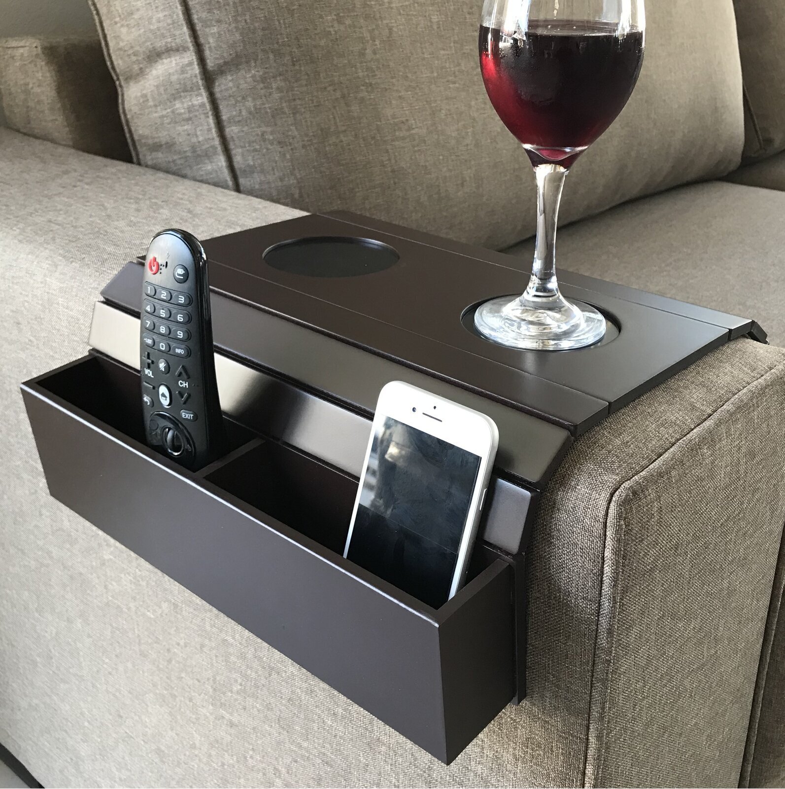 Couch cup holder armrest with room for important stuff