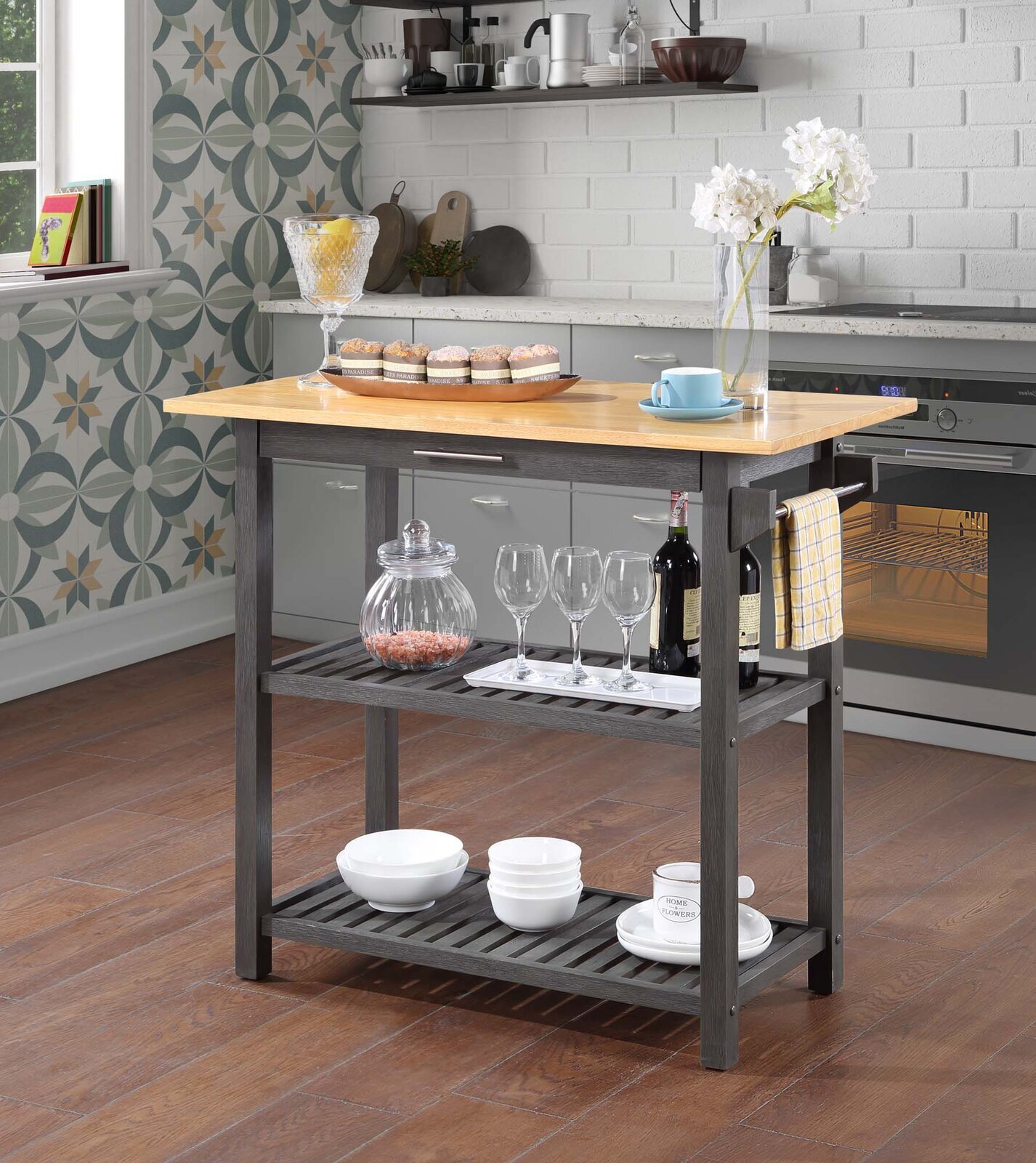 Counter height kitchen prep table with butcher block top