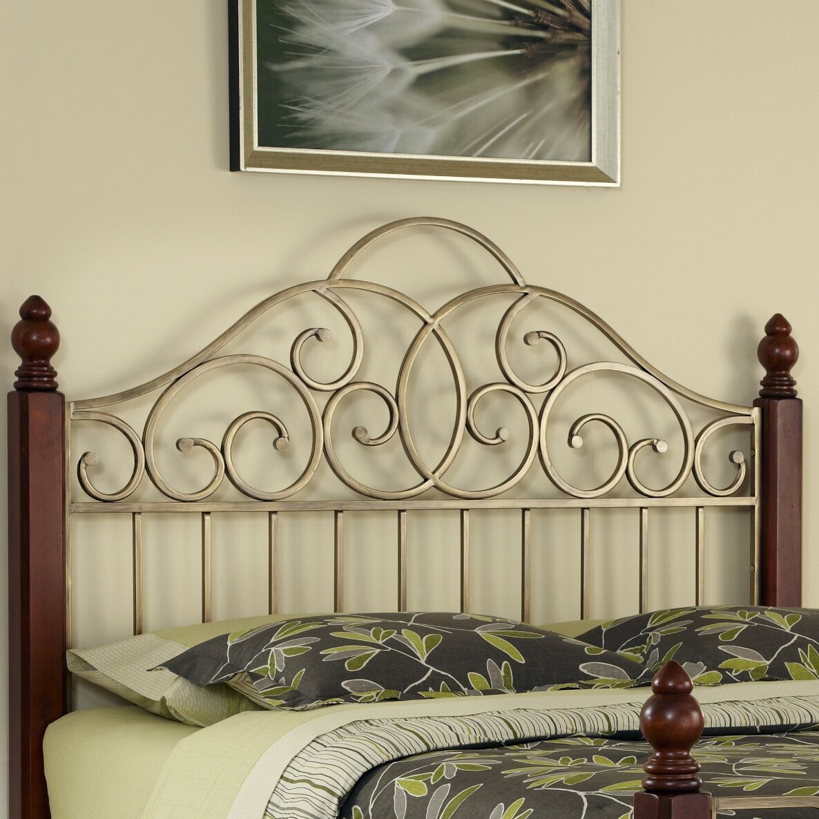 NEW Queen Size Bed Frame Wood Post Metal Scroll Work Design Elegant Curvy Headbo 
