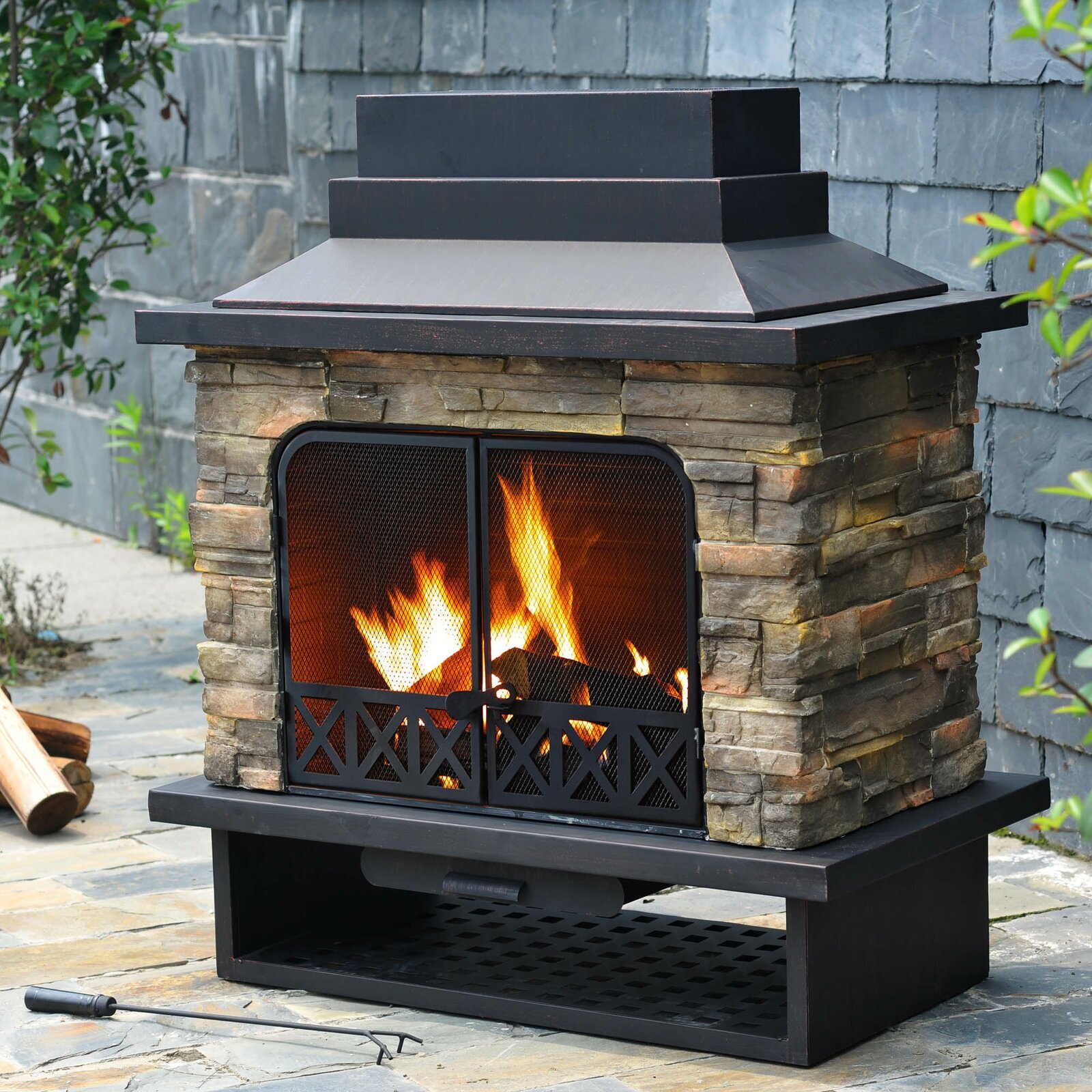 Darby Home Co Outdoor Stone and Metal Fireplace with Chimney
