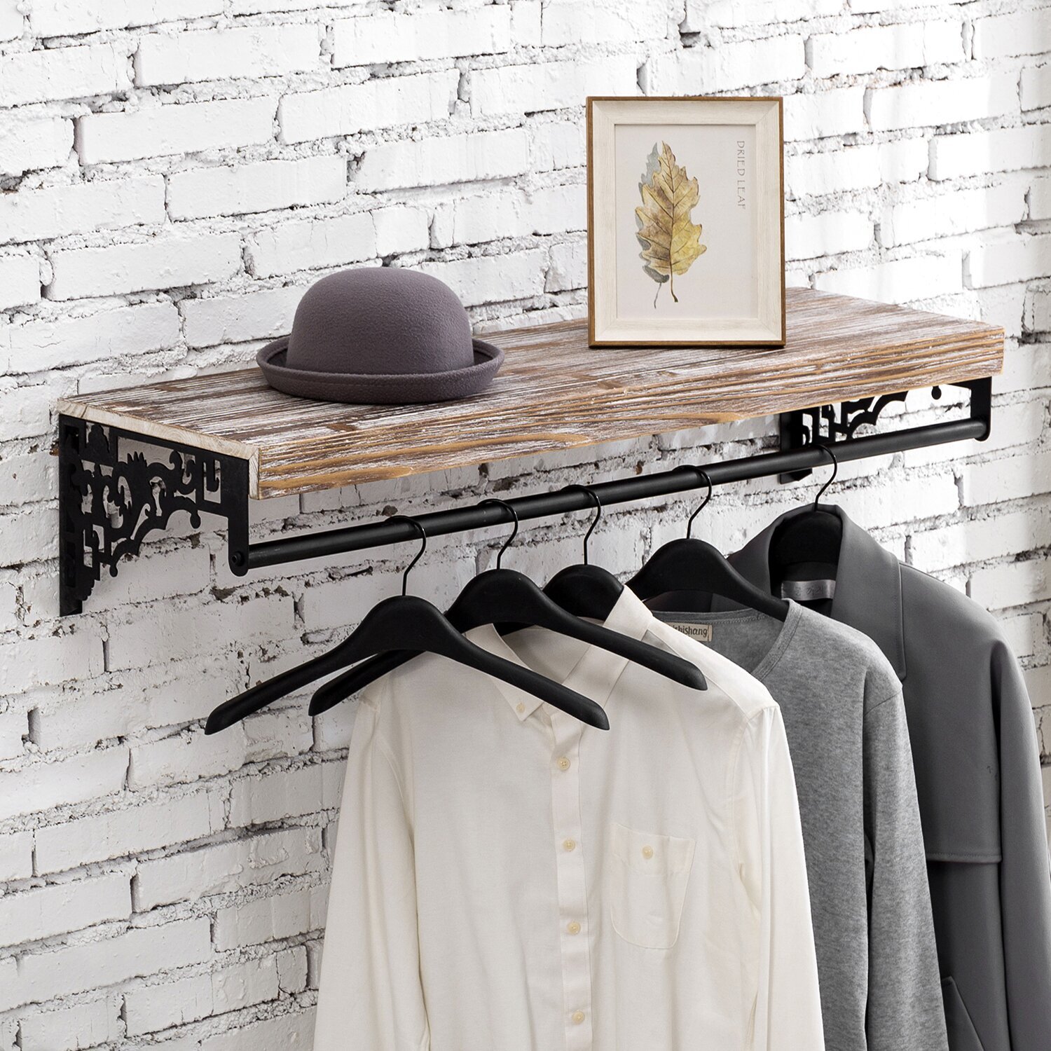 Decorative wooden shelf with wall hanger for clothes