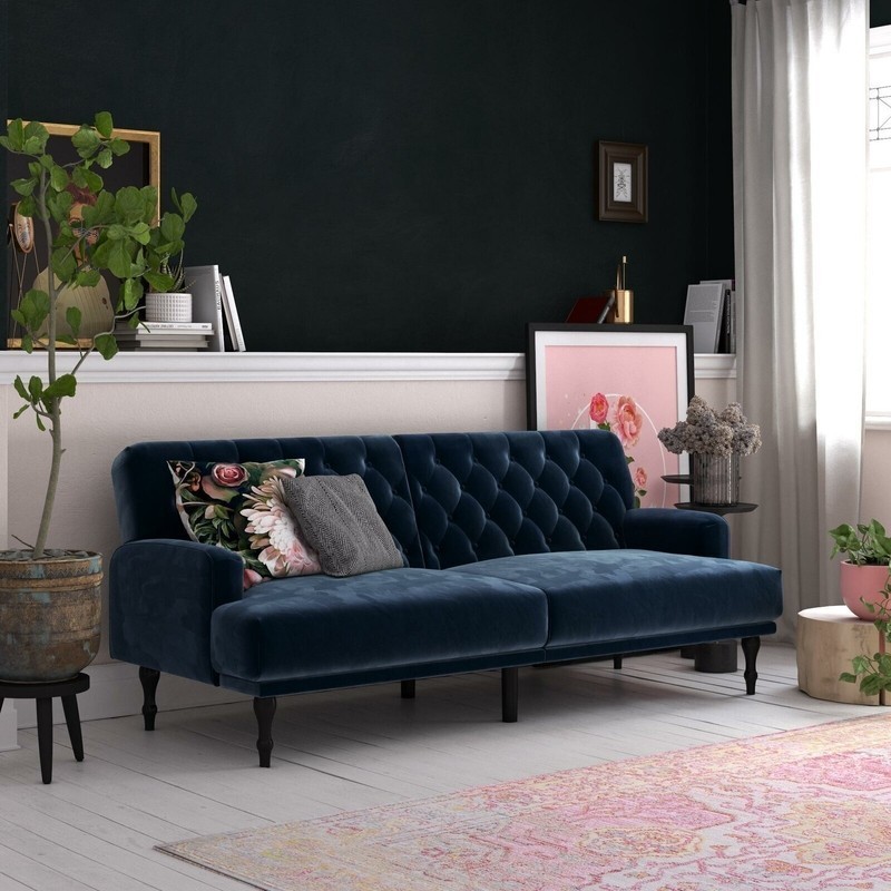 Deep Blue Velvet Tufted Sofa Bed