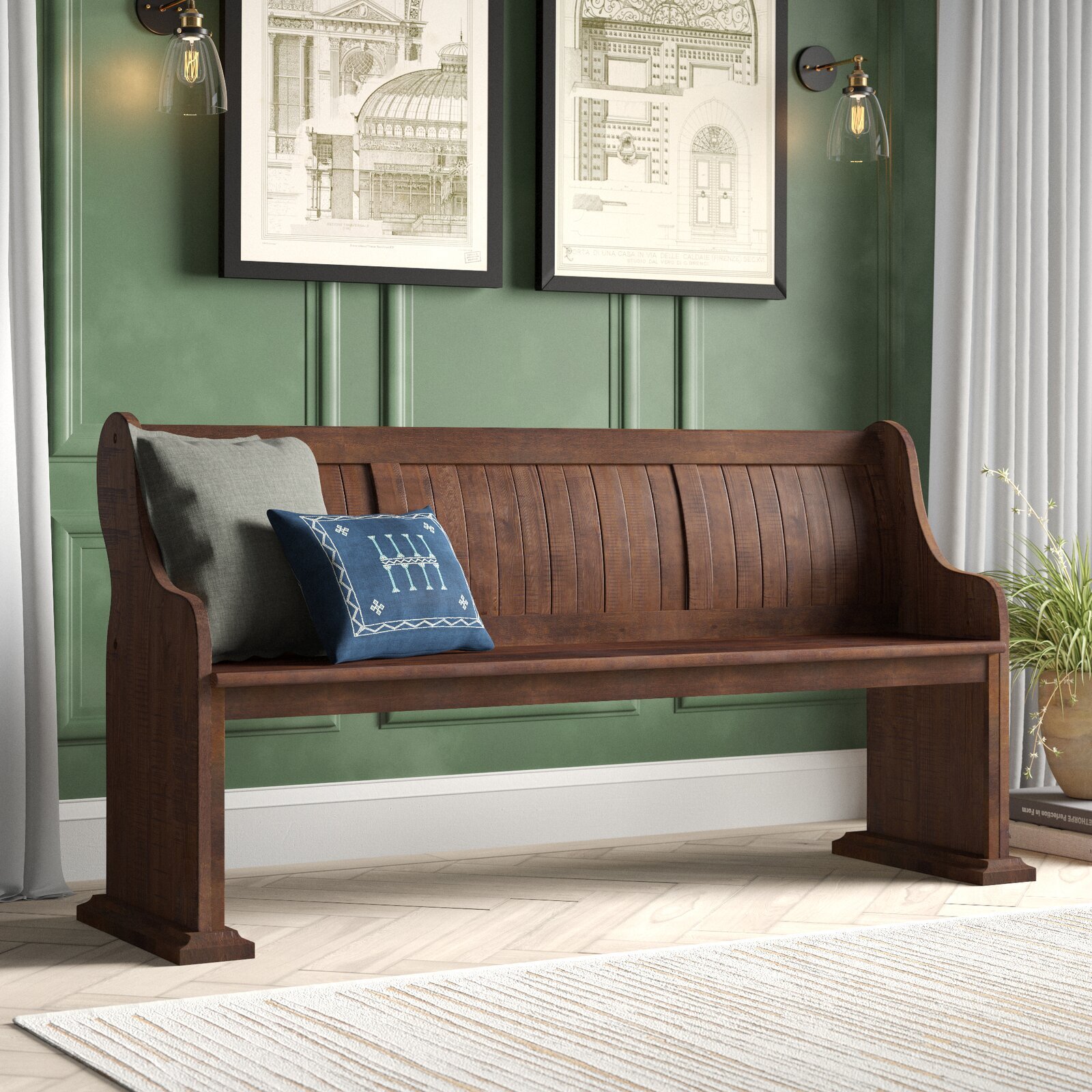 indoor wooden bench with back and arms