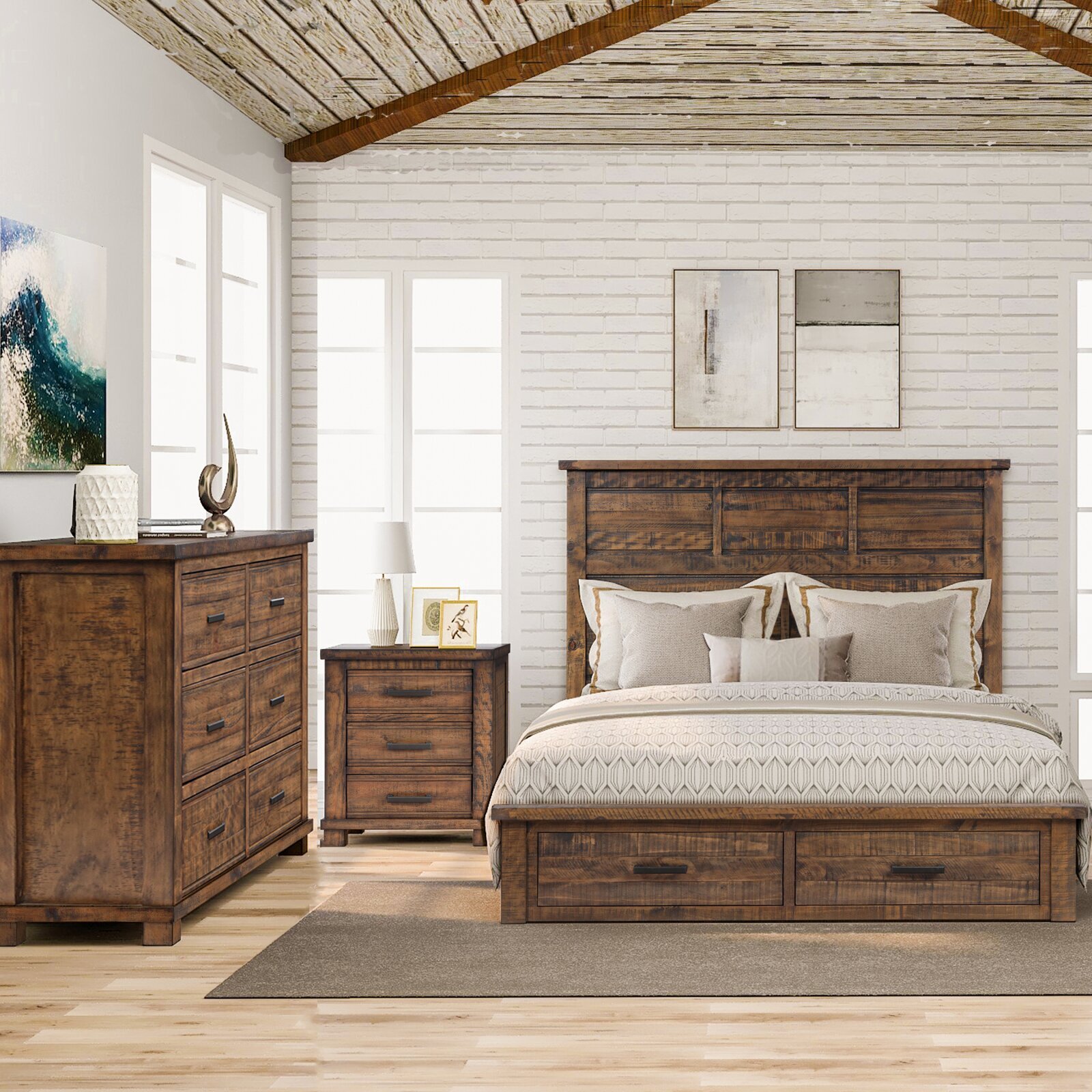 Distressed wood bedroom furniture with wrought iron accents
