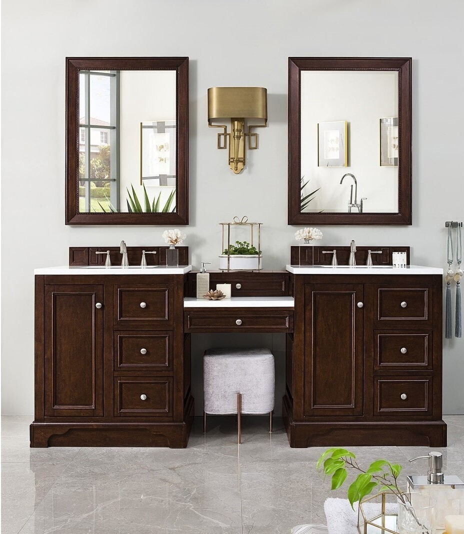 Double Bathroom Vanity with Makeup Table  and Centered Two level Thin Drawers