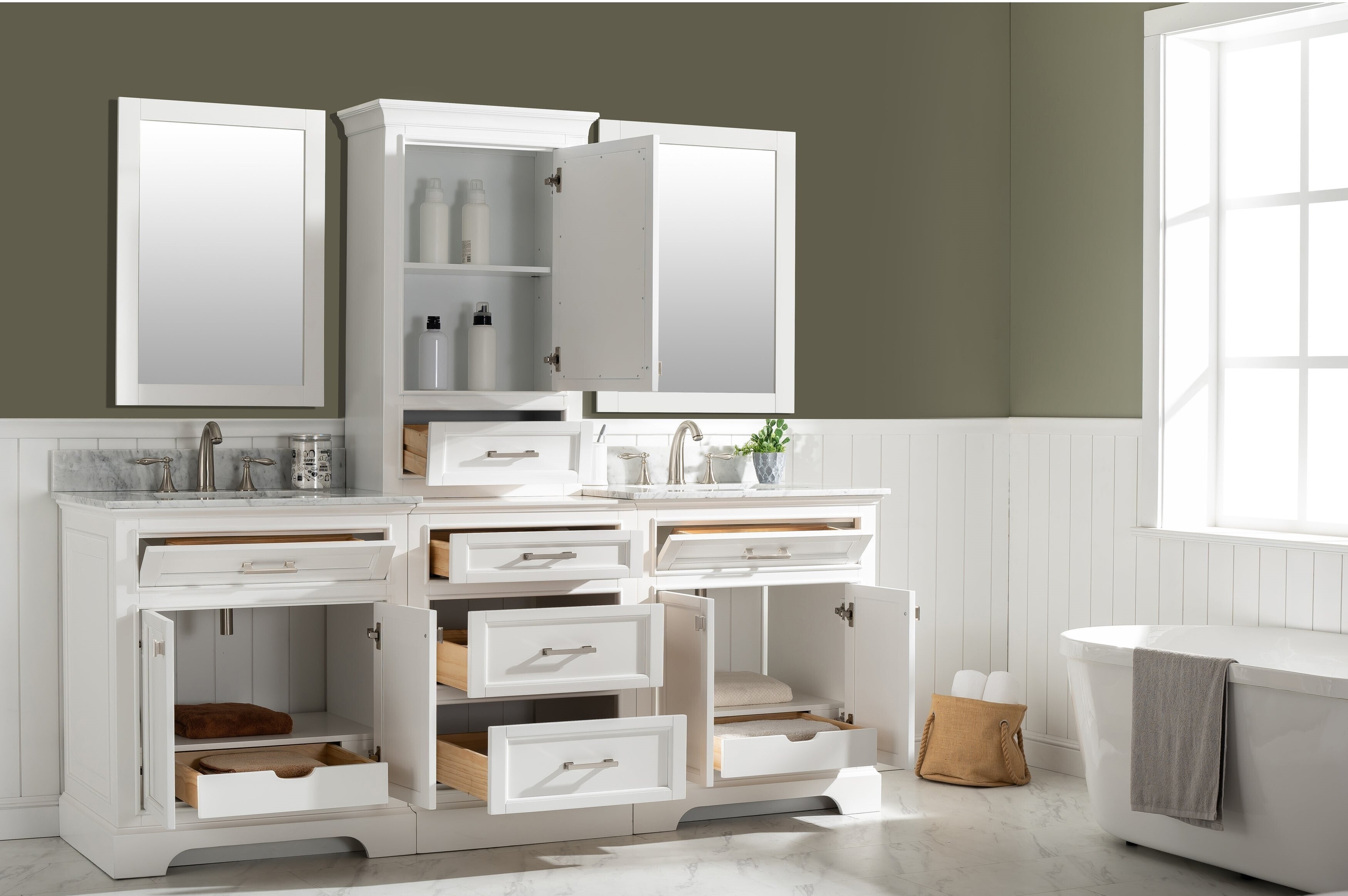 Double Vanity with Makeup Table and Tall Centered Tower Cabinet