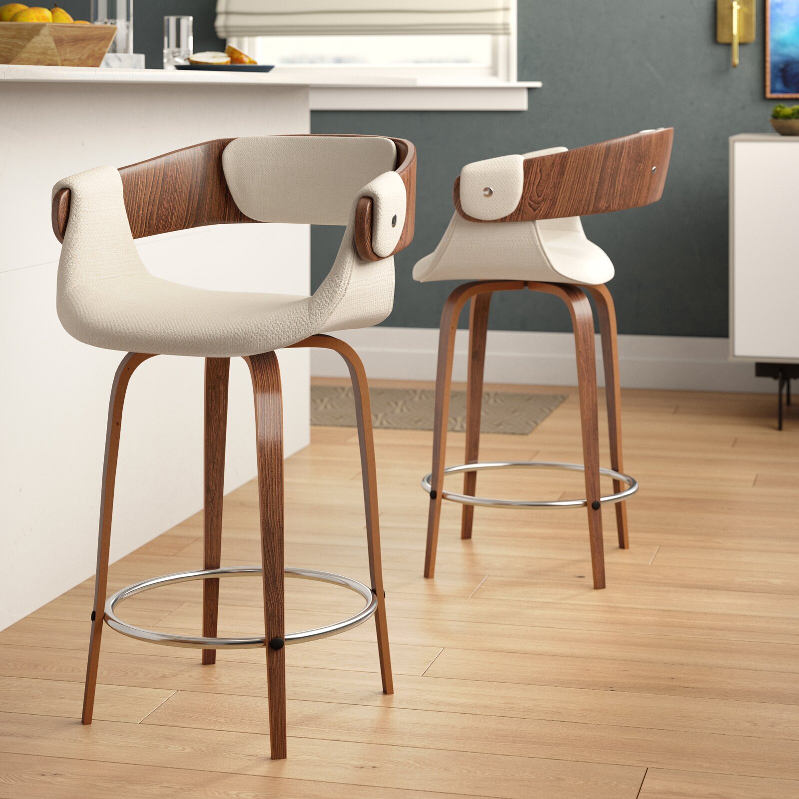 Eames like leather swivel counter stools with backs and arms