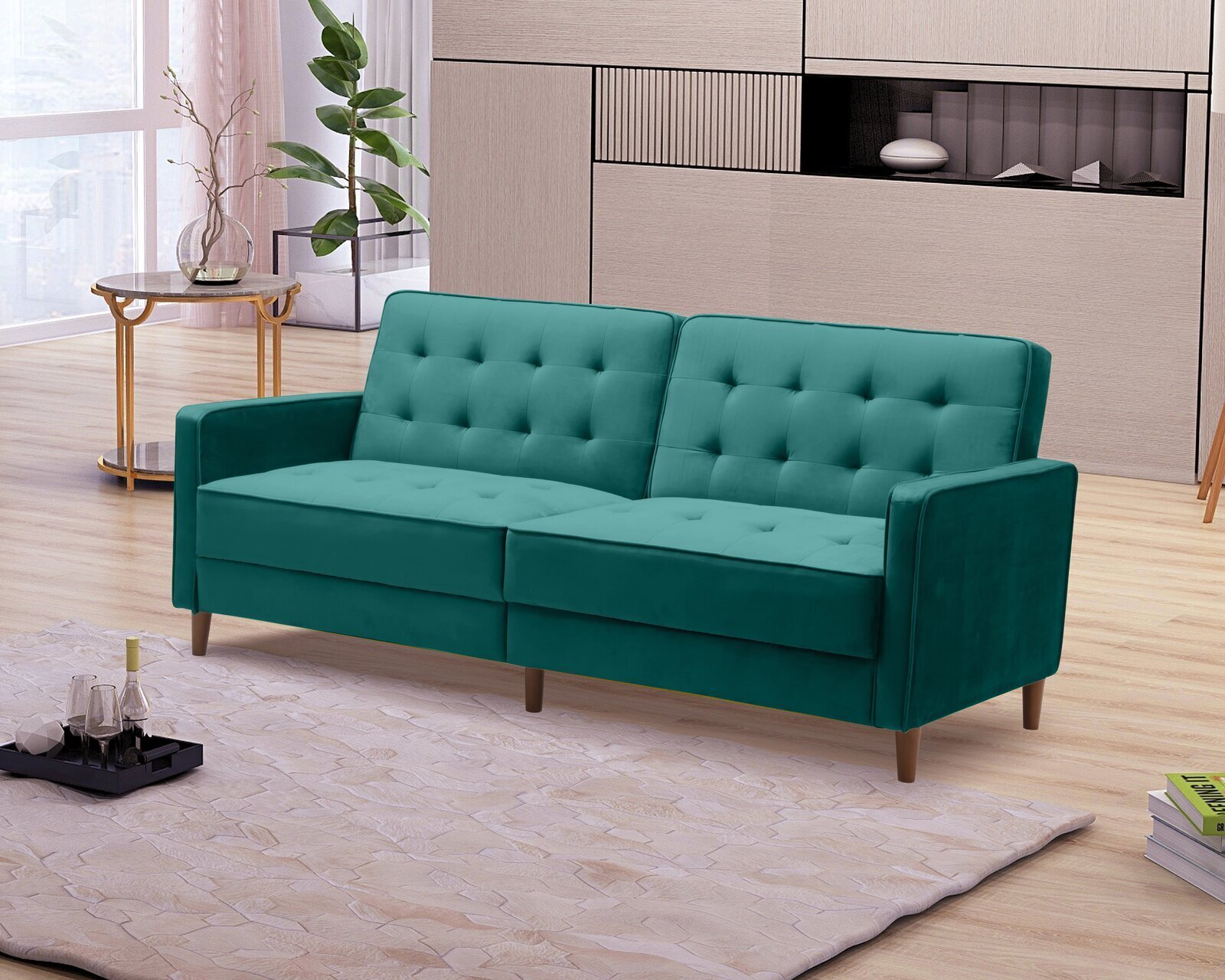 Elegant mid century modern sofa bed with velvet upholstery