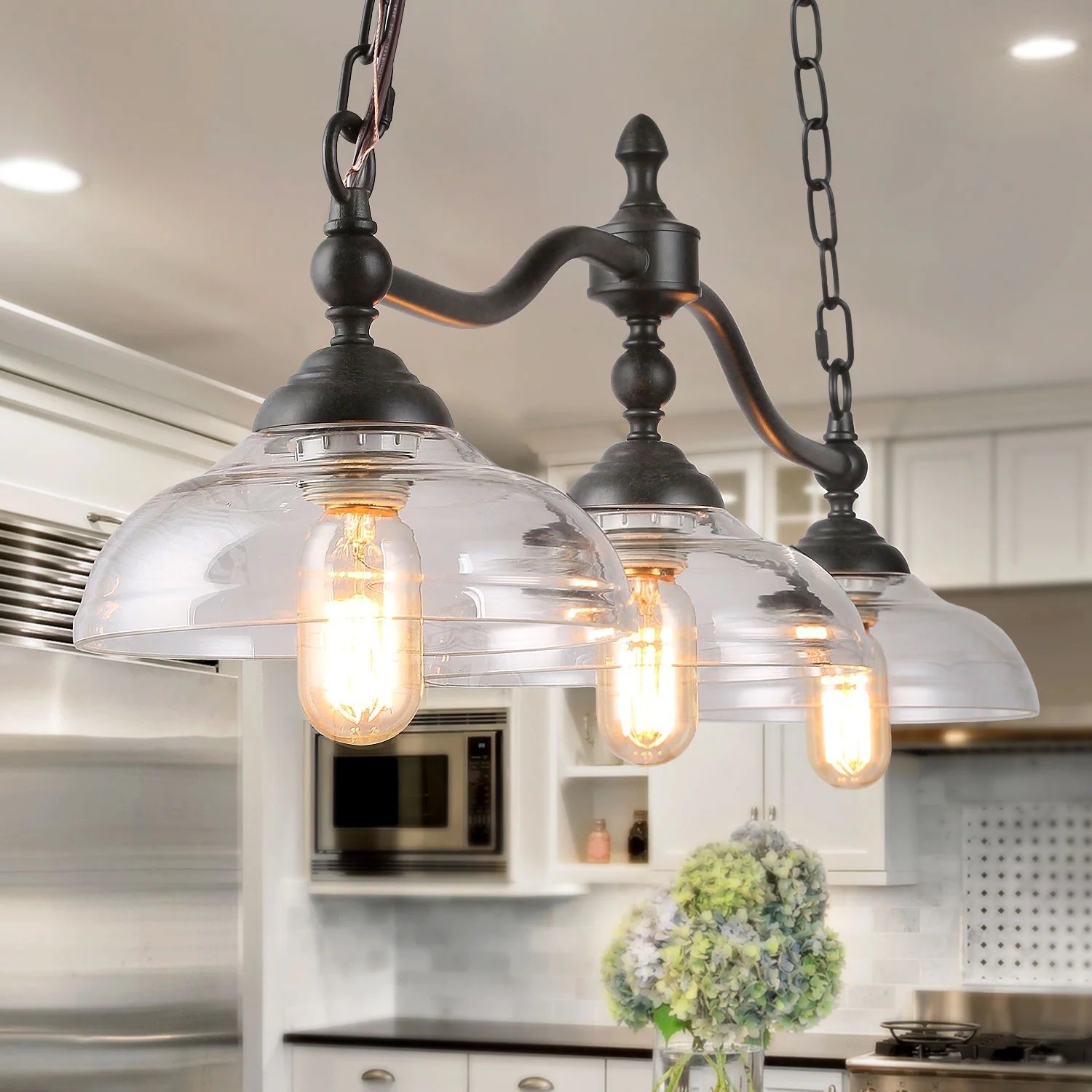 Farmhouse pull down light fixture with three lights