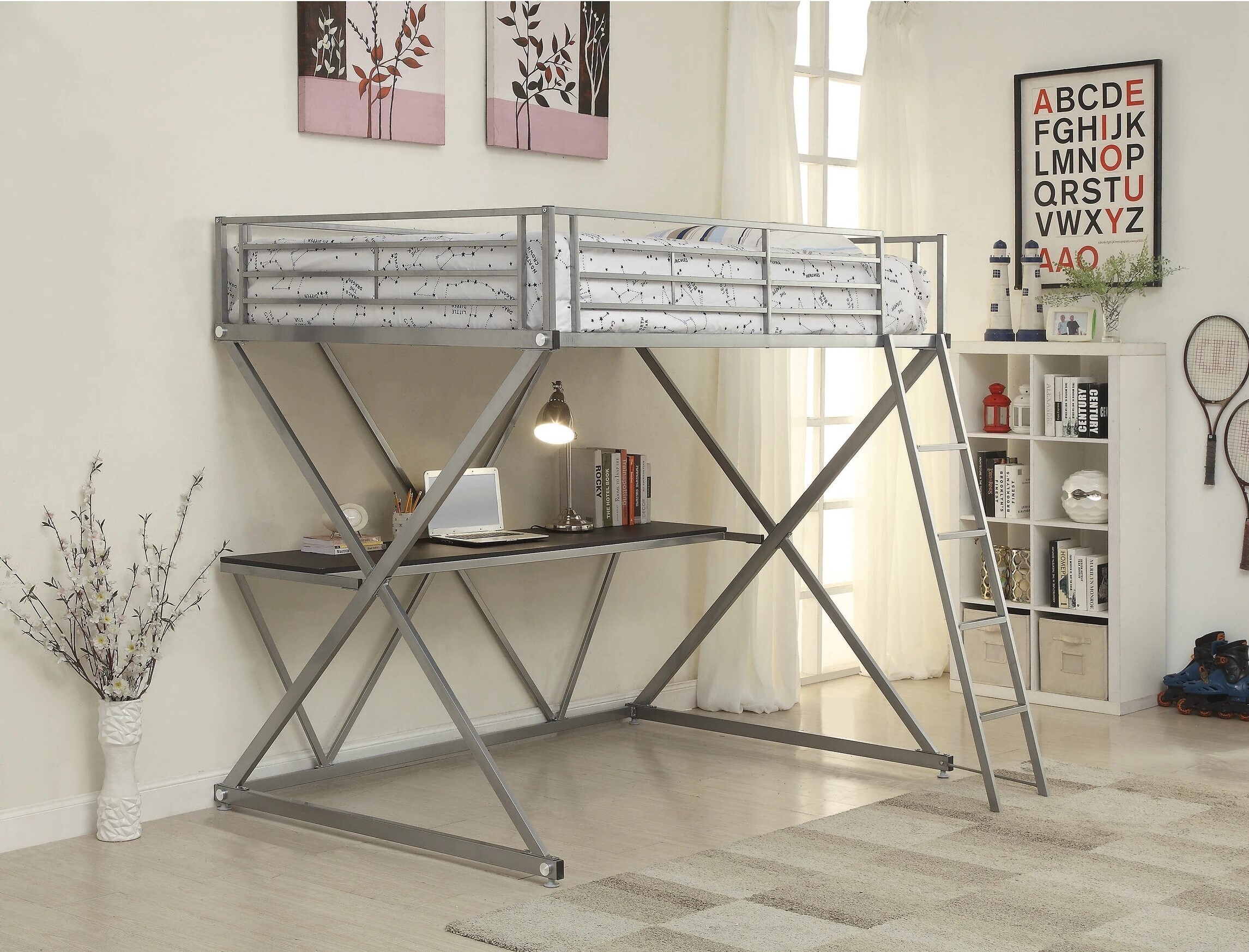 Fashionable X frame Bunk Bed with Desk Underneath for Adults