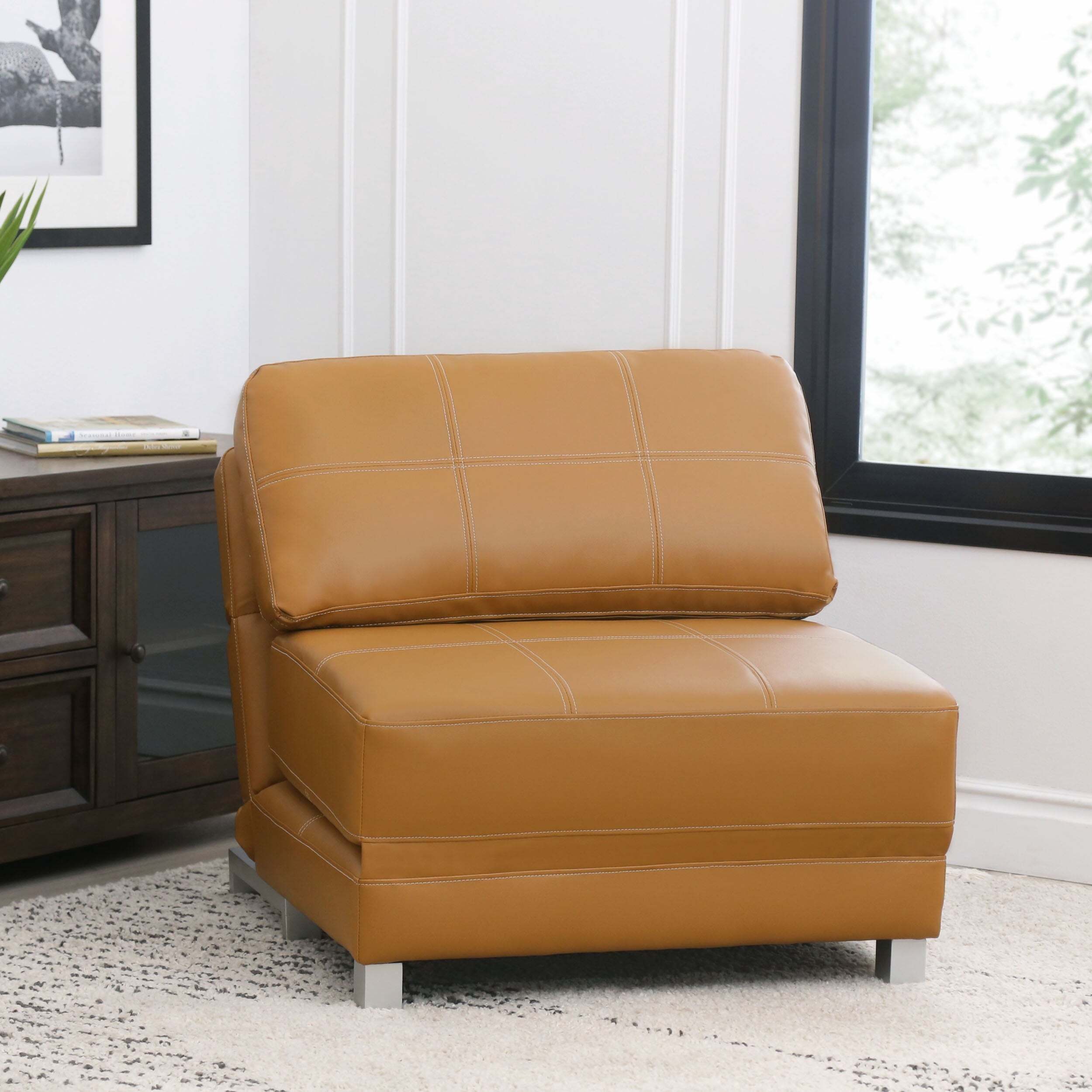 Faux Leather Camel Low Fold Out Chair Bed