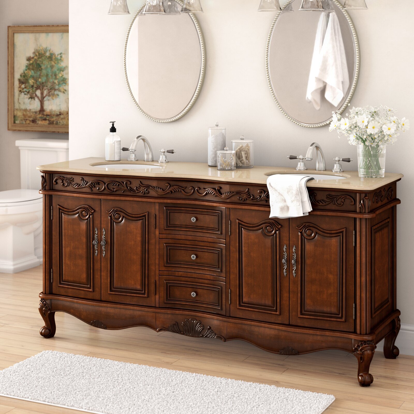 Flat Top Surfaced 72 inch Bathroom Vanity with Makeup Area and Sunken Basins