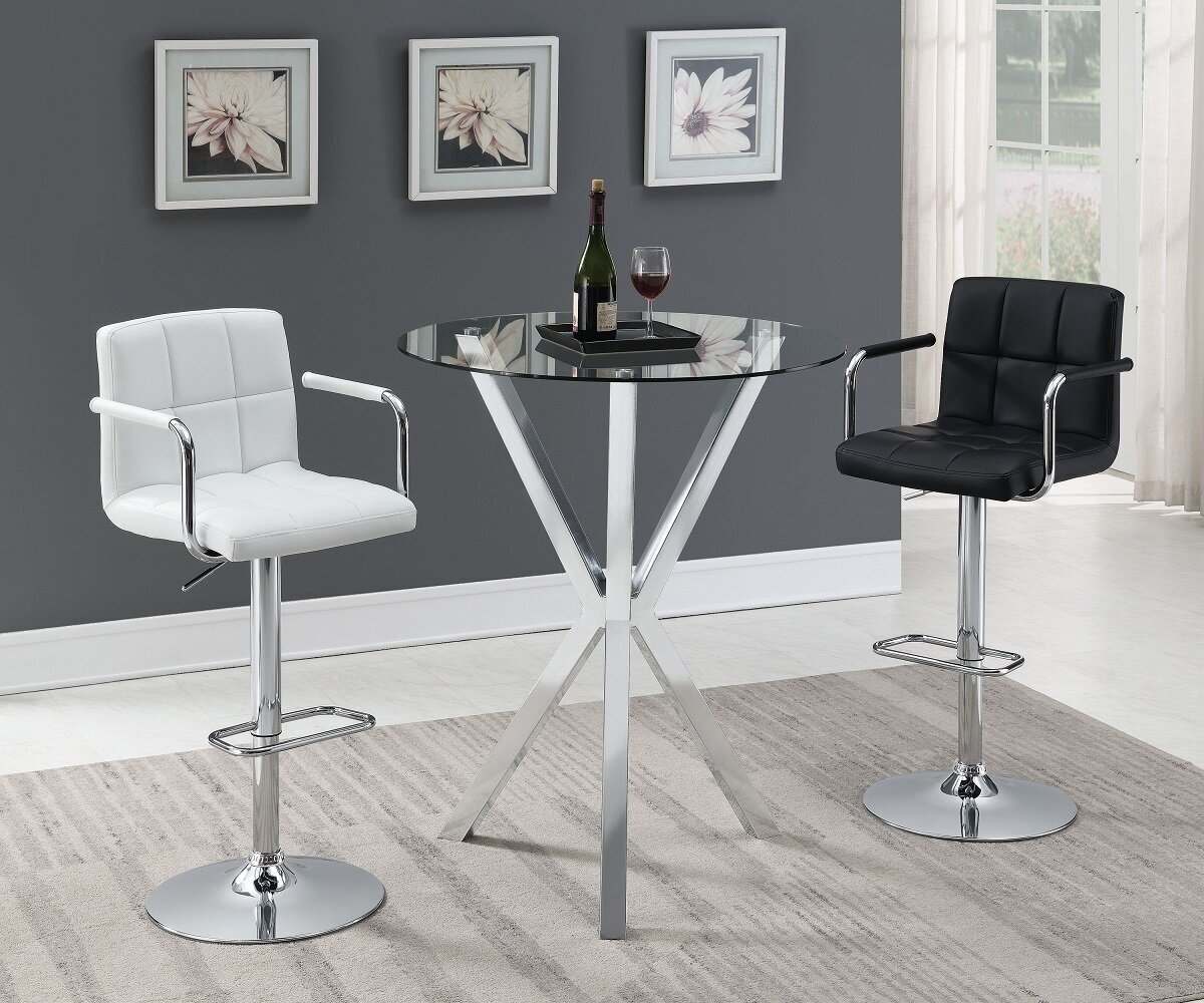 Glass and Steel Bar Height Round Table and Pedestal Square Leather Seats with Armrests