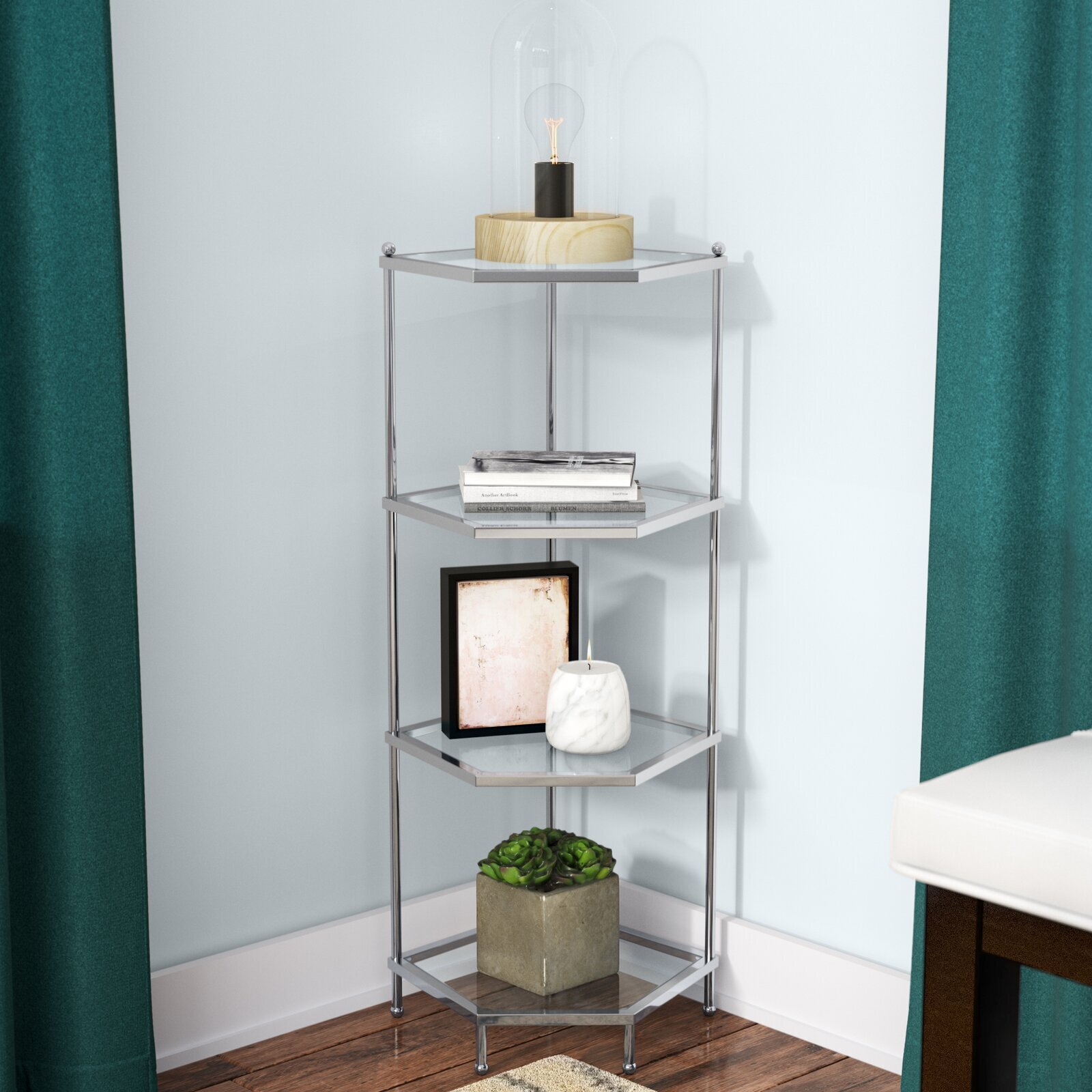 Glass corner shelf for bedroom 
