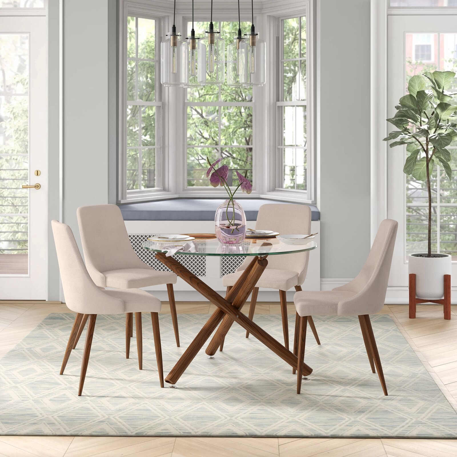 Glass dining table set in mid century modern style
