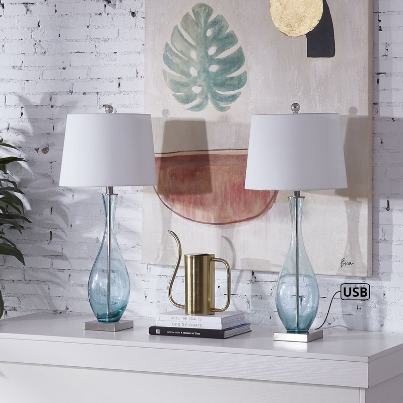 Graceful Rechargeable Table Lamps With Calm Clear blue Glass Base 