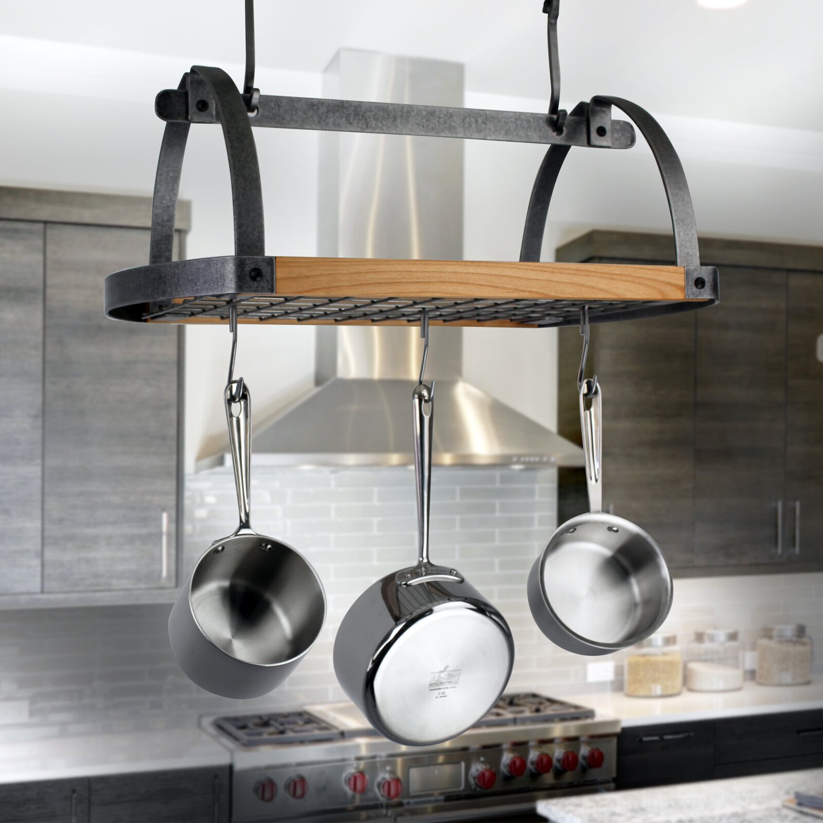 Handcrafted Wood and Wrought Steel Pot Hanging Rack