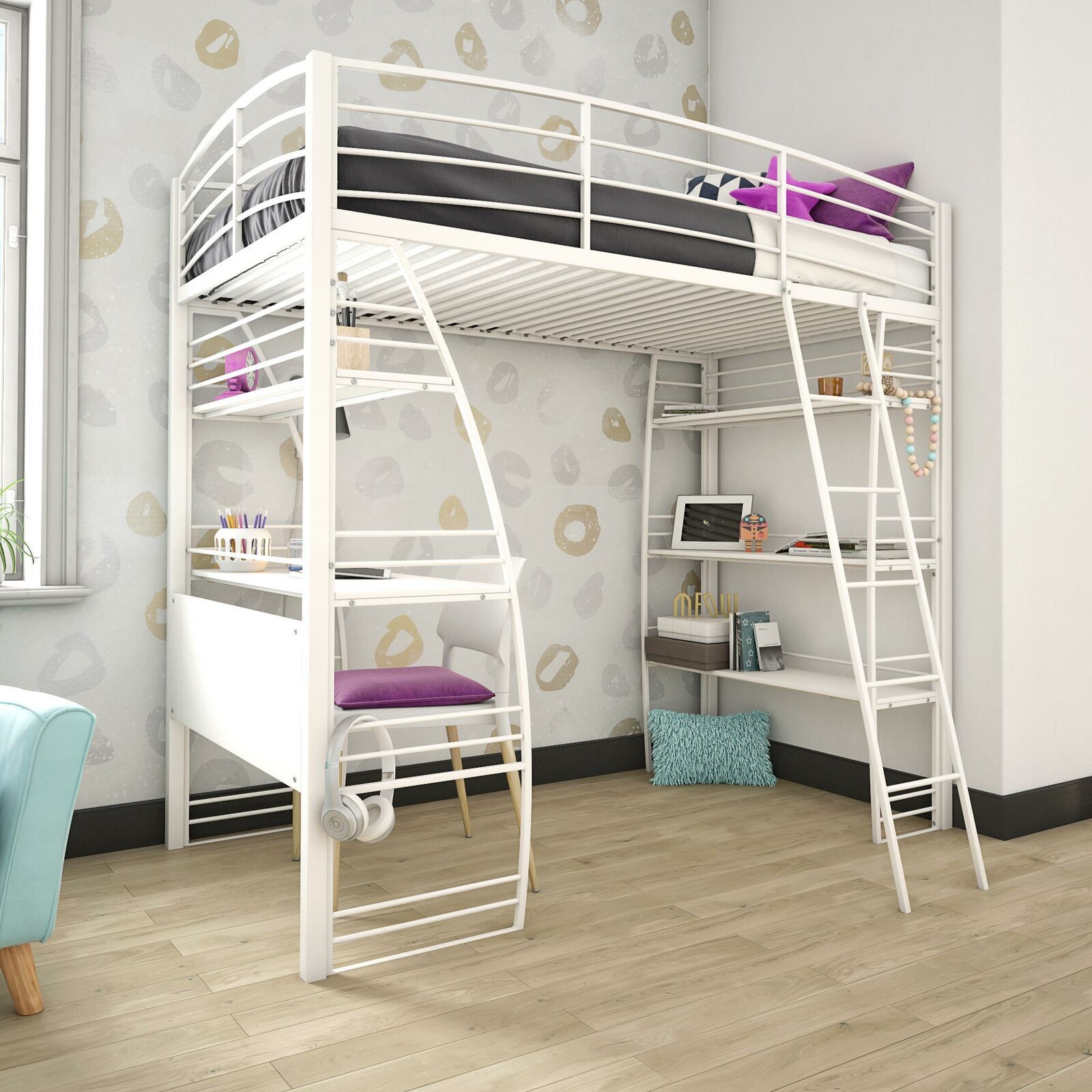 High Loft Full Size Bunk Bed with Desk and Large Bookshelf