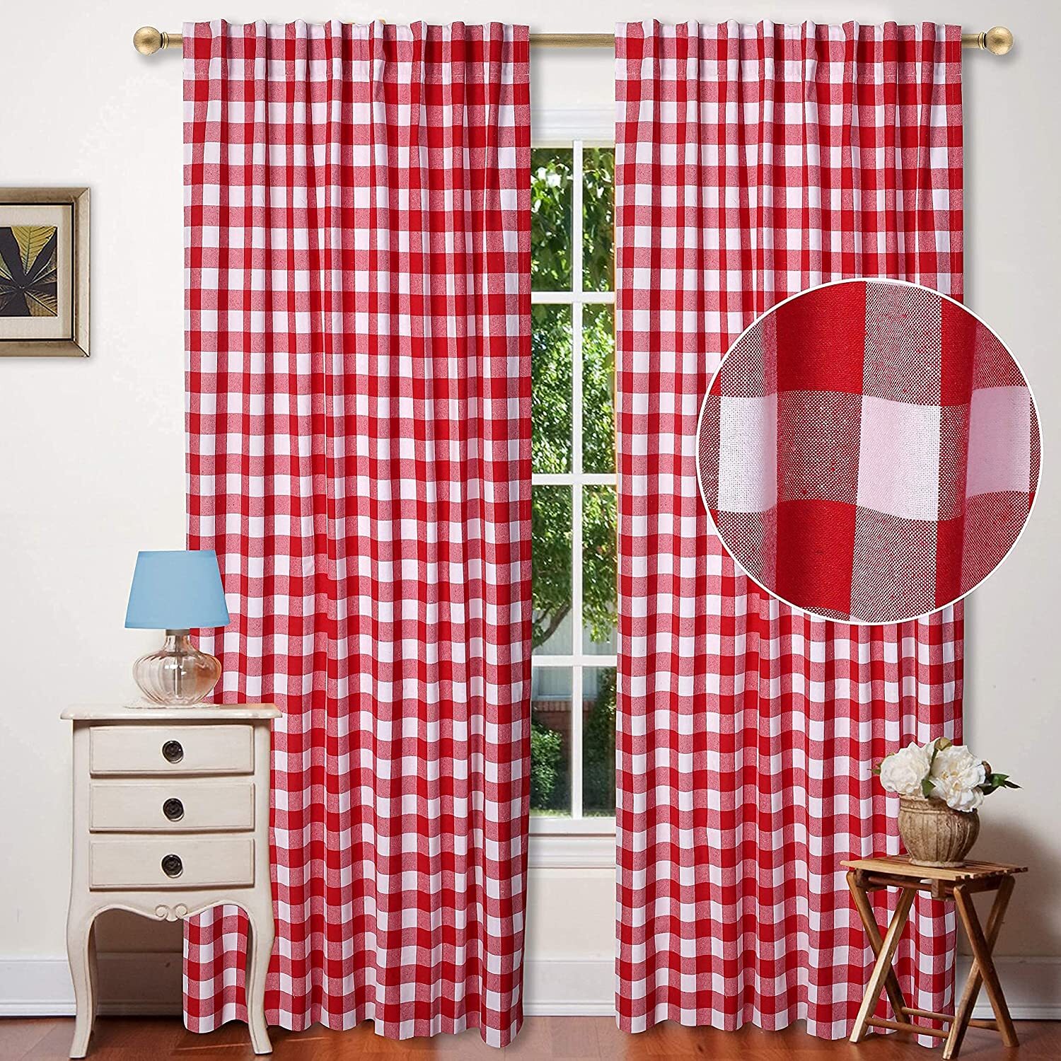 Iconic rustic curtains with a white and red plaid pattern