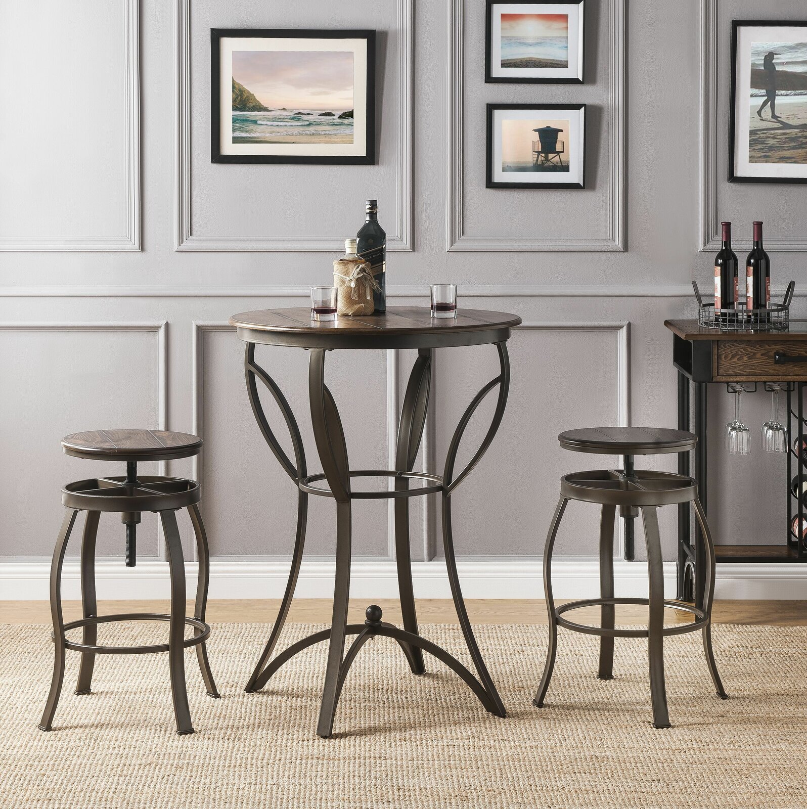 Industrial Wood and Metal Round Bar Height Table with Adjustable Stools