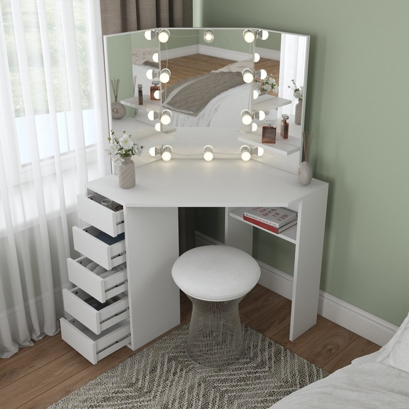 Makeup Corner Vanity Desk with Drawers Mirror and Light for Small Space  Dresser