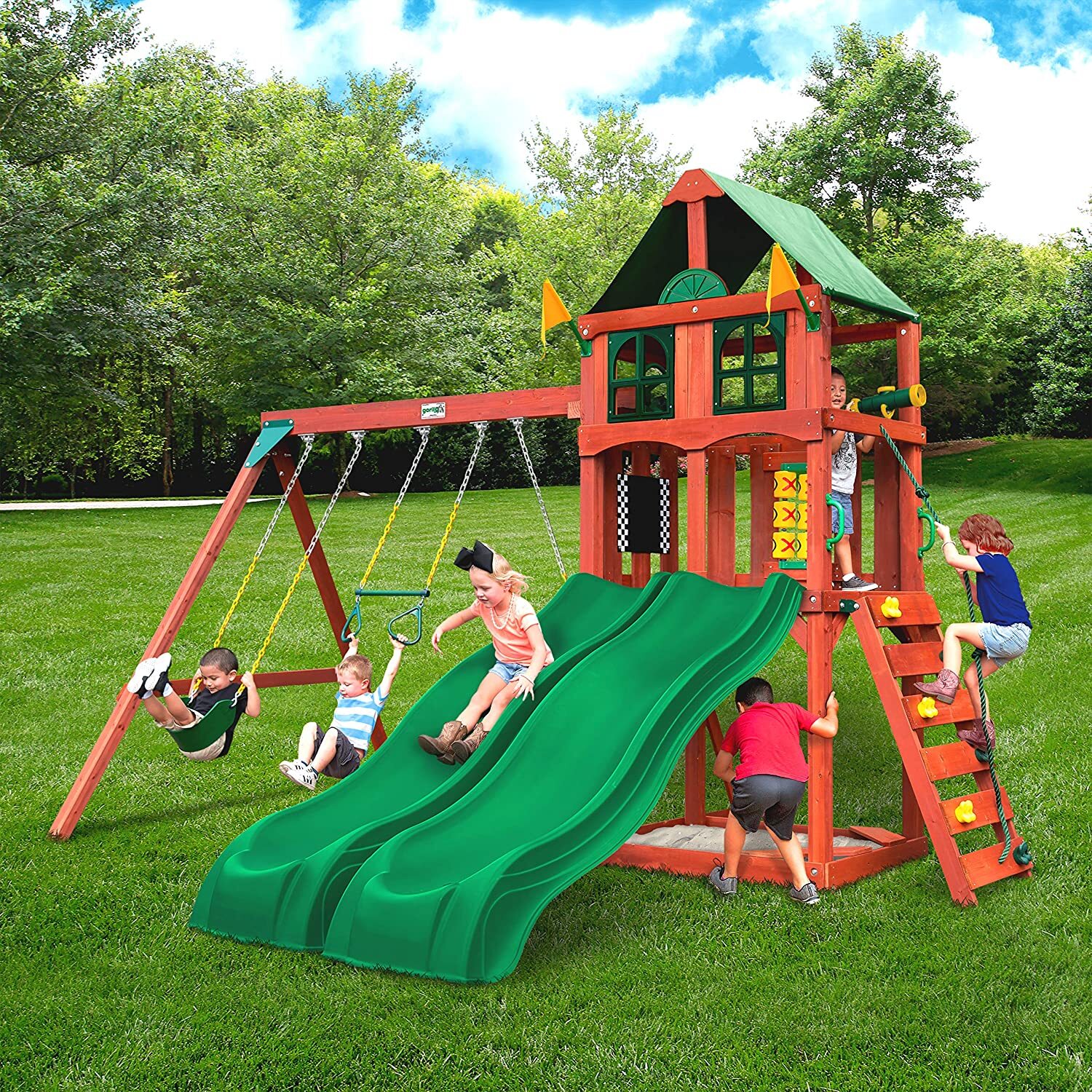 Kids Outdoor Playhouse with Dual Wave Slides