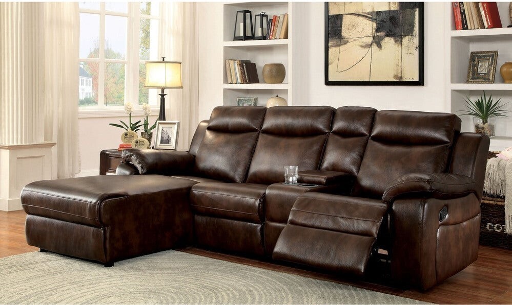 L shaped Reclining Small Leather Sectional with Chaise and Cupholders