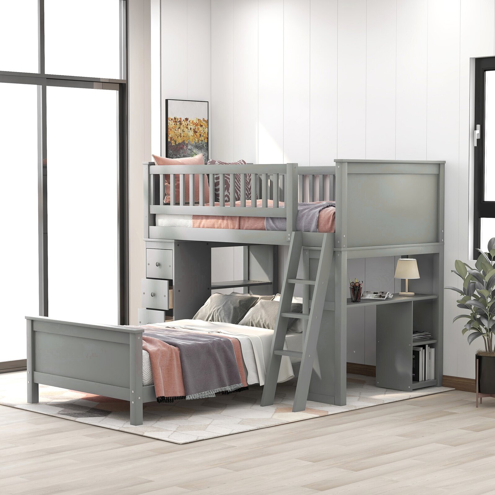 L Shaped Twin Loft Beds with Bookcase