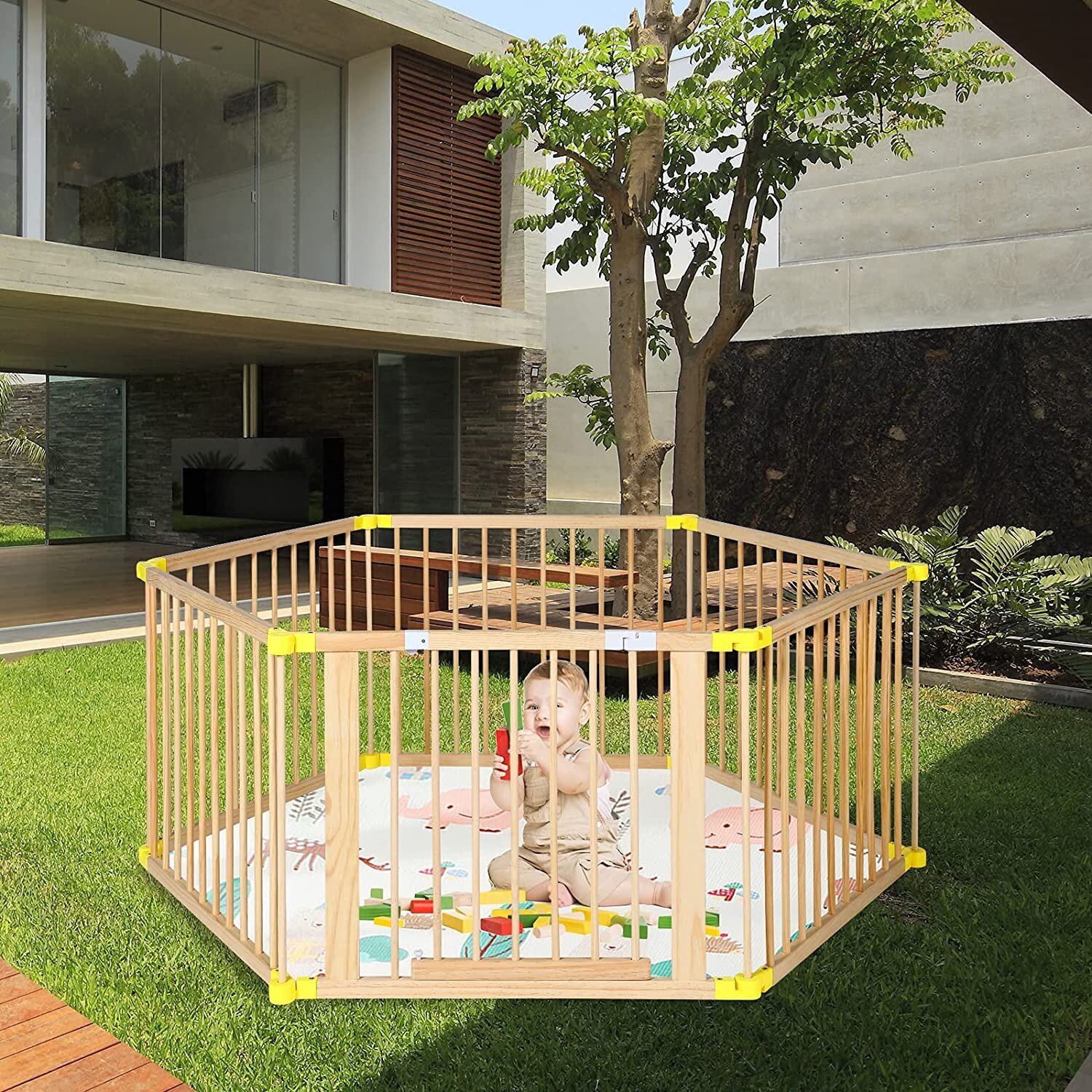Large outdoor playpen for toddlers with fun yellow accents