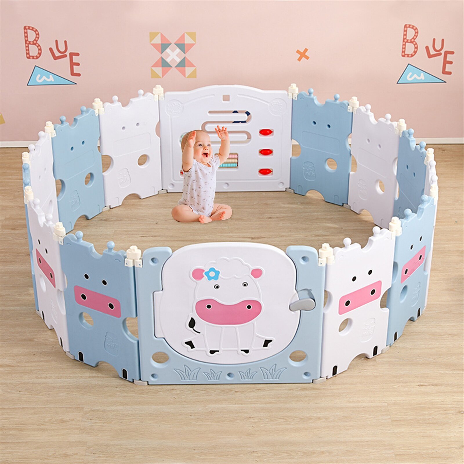 Large playpen with an adorable pastel cow theme