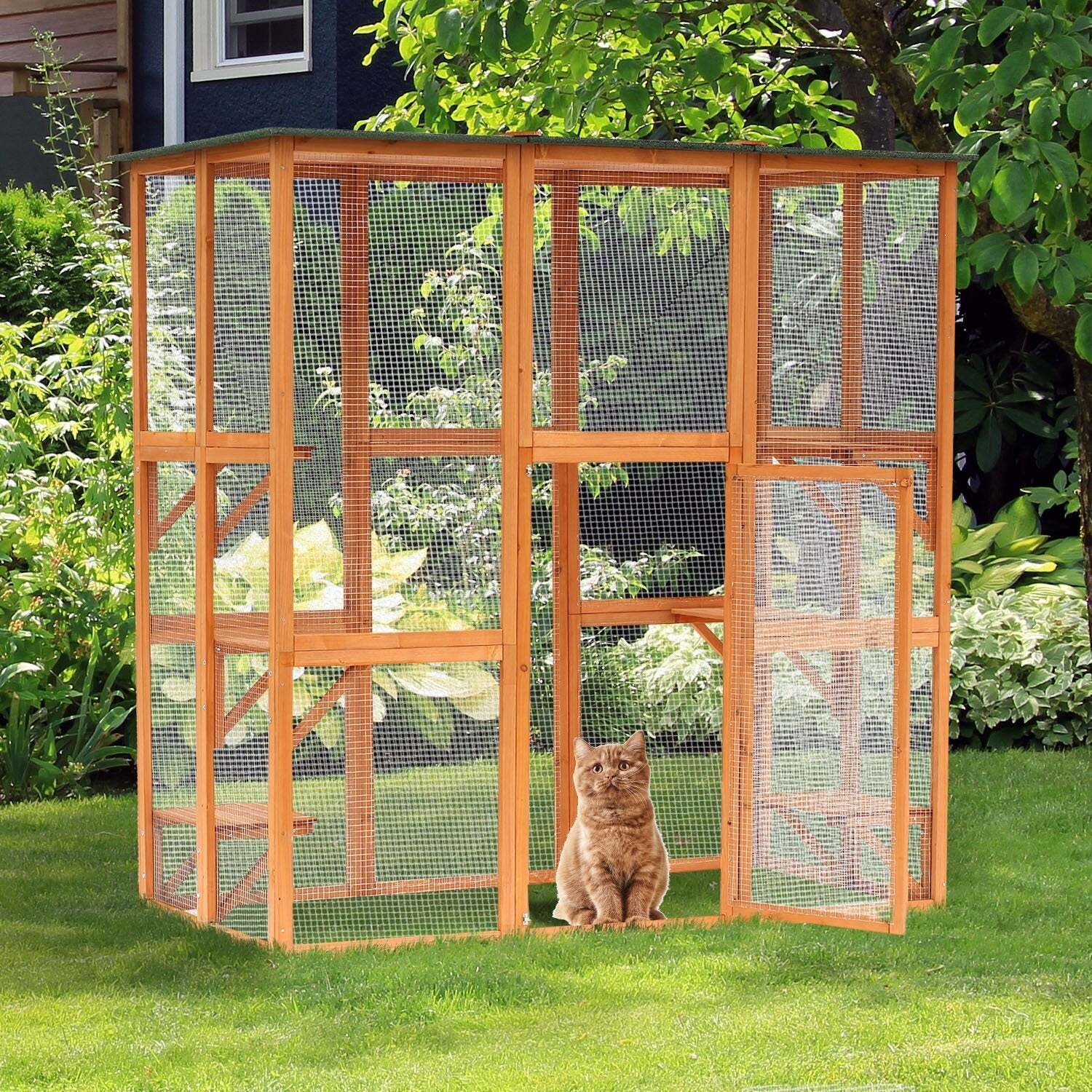 Large Wooden Outdoor Cat Enclosure Cage   71" L x 38 5" W x 71" H