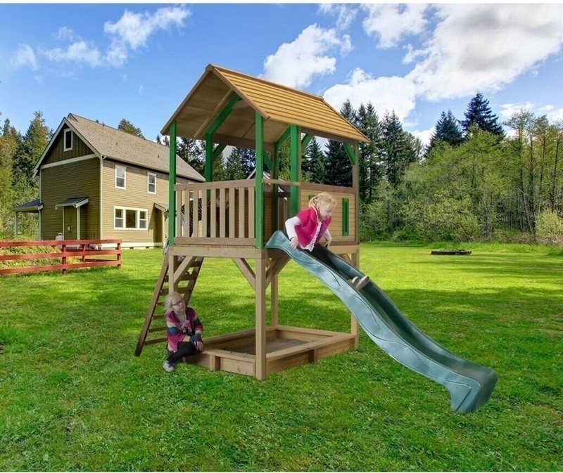 wooden playhouse with slide and sandpit