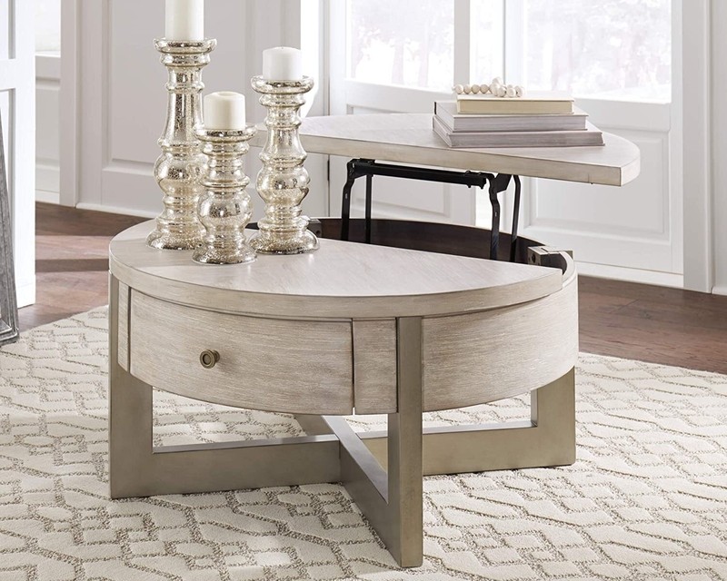 Lift Top Round Whitewash Coffee Table to Dining Table