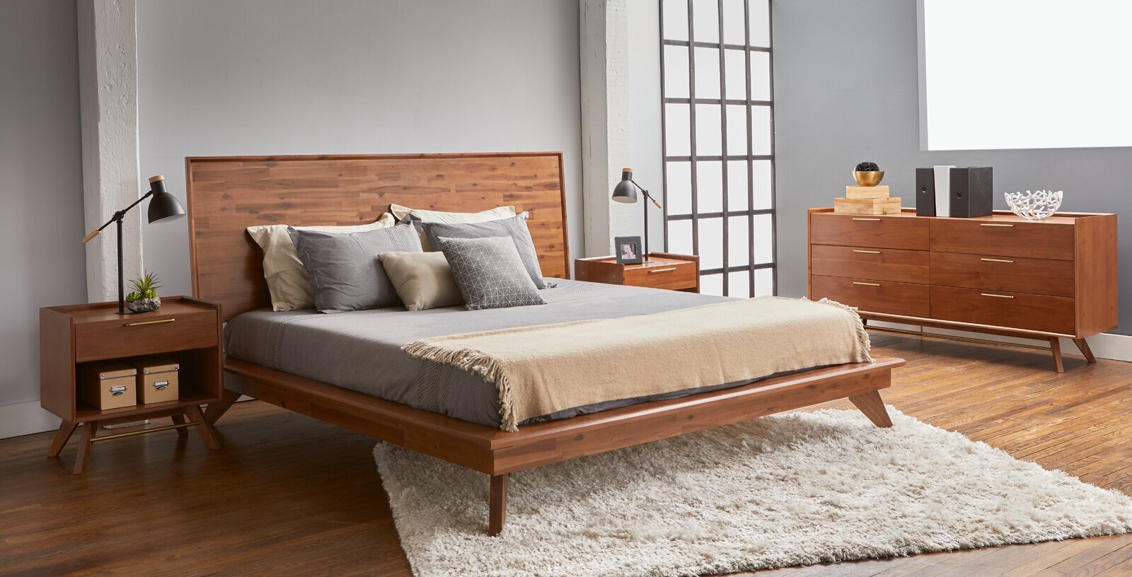 Mid century modern brown bedroom furniture set