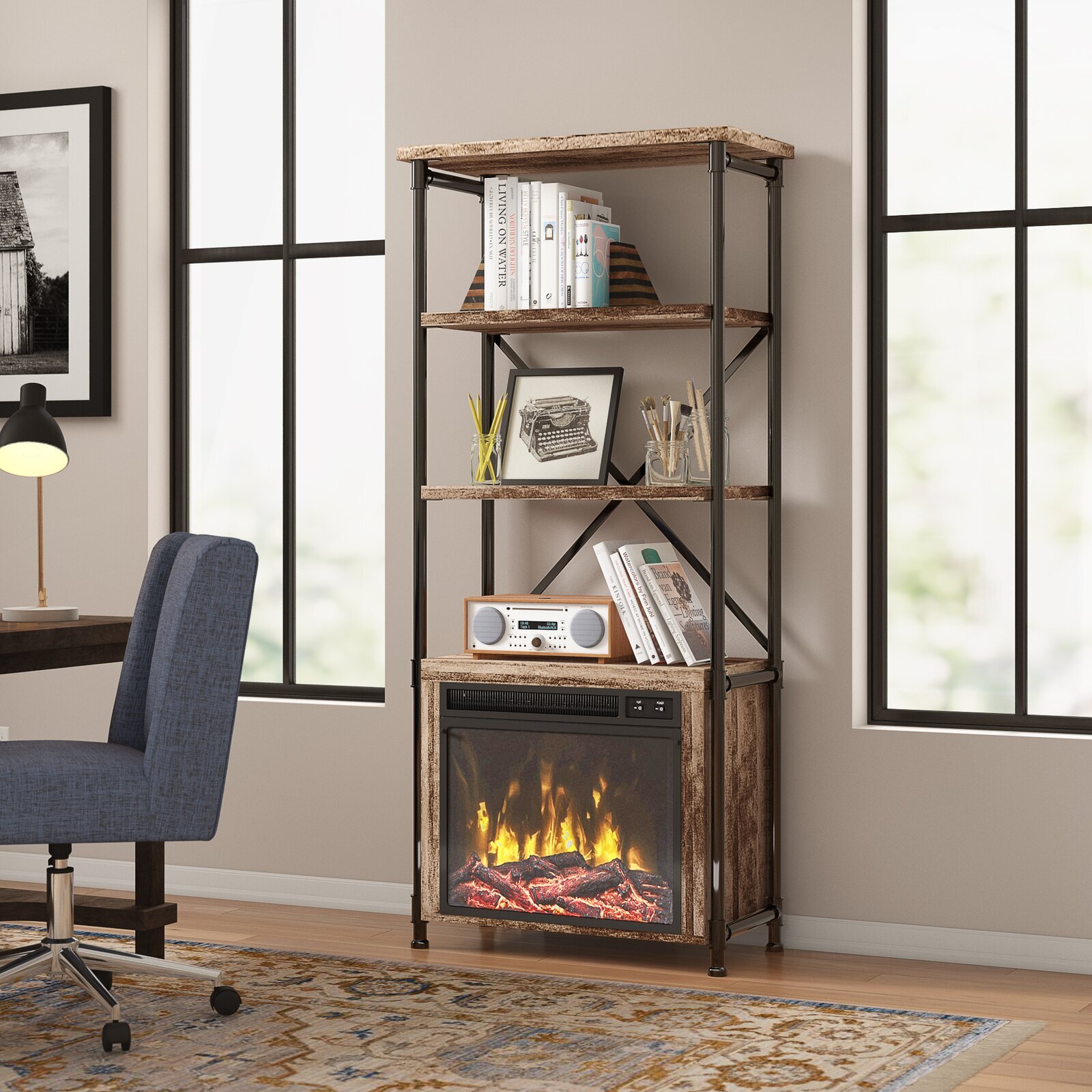 Millen Etagere Bookcase and Fireplace