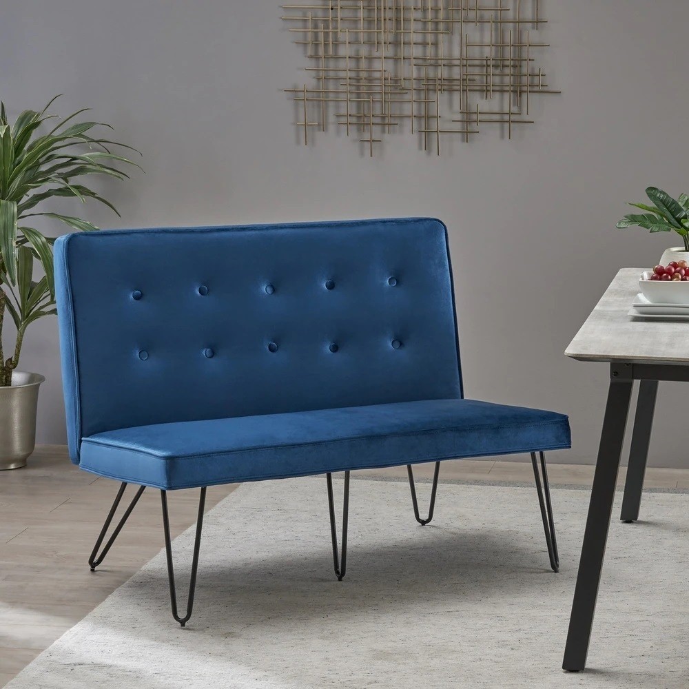 Minimalist Blue Velvet Upholstered Dining Bench with Back