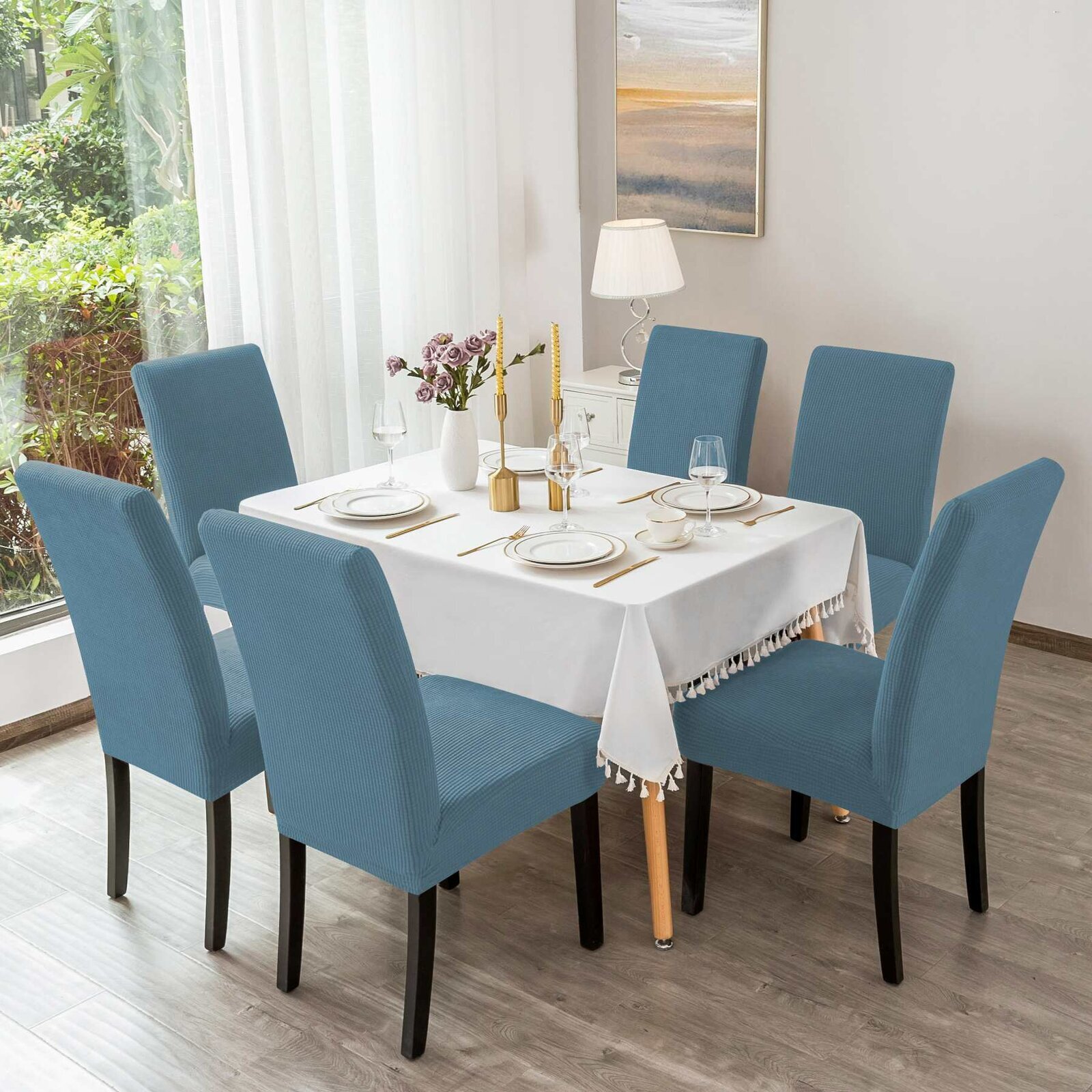 Modern dining chair slipcovers with a piped aesthetic