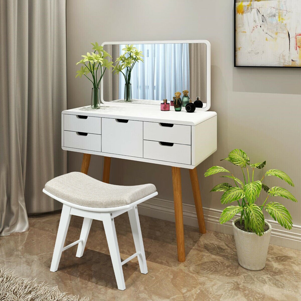 Modern Dressing Makeup Stool With Concave Seat Rubberwood Legs