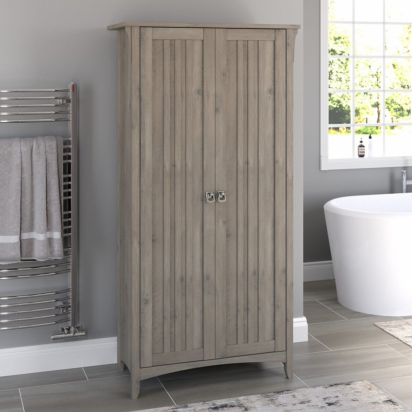 Modern farmhouse grey cabinet with tall tower doors