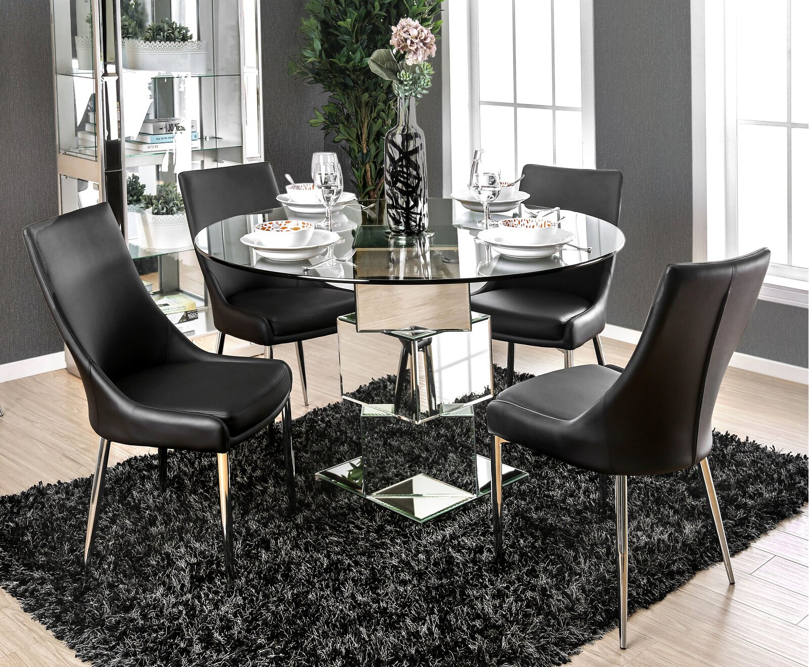 Modern Round Glass Dining Table Set White Black Chair Kitchen Bistro Chrome Leg 