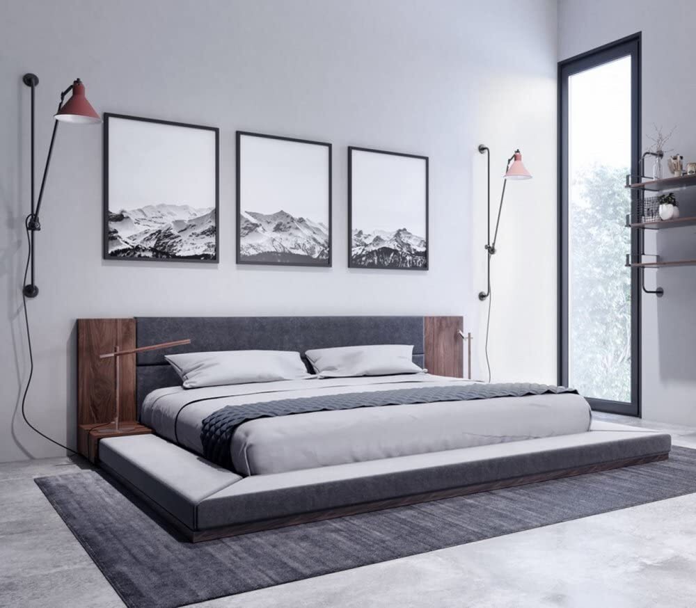 Modern Grey Upholstered Japanese Bed Frame with Built In Nightstands