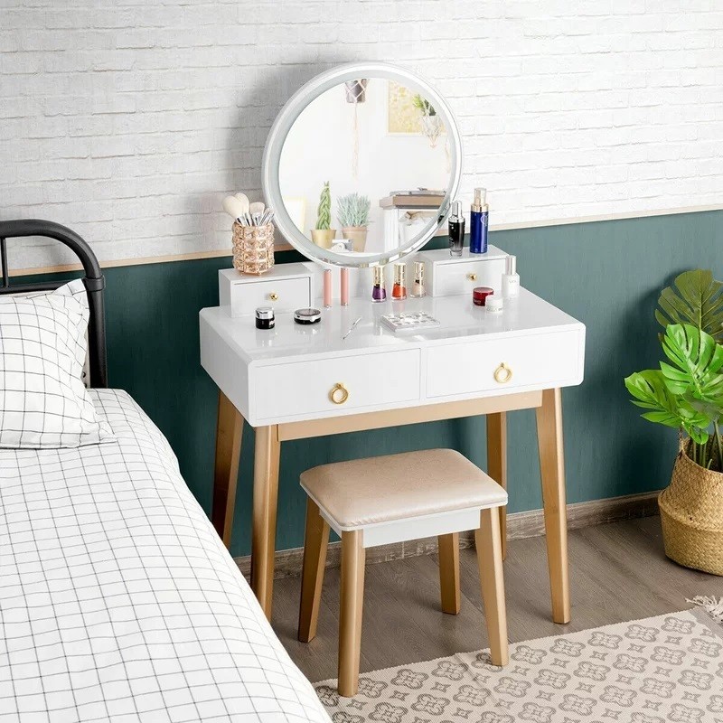 Modern Makeup Vanity Set with Stool and Round Mirror