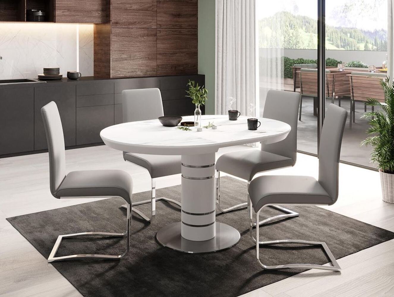 Modern, minimal round dining table set for 8