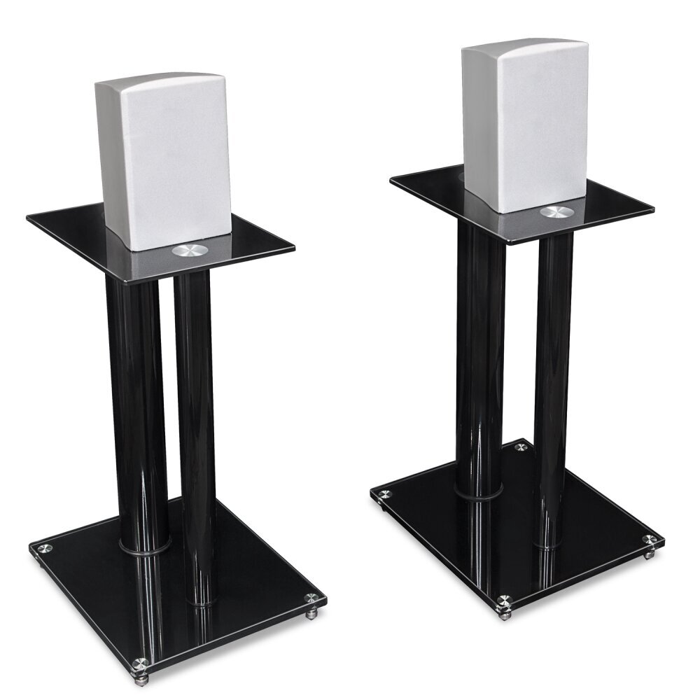 Modern speaker stands in a versatile neutral or glass finish