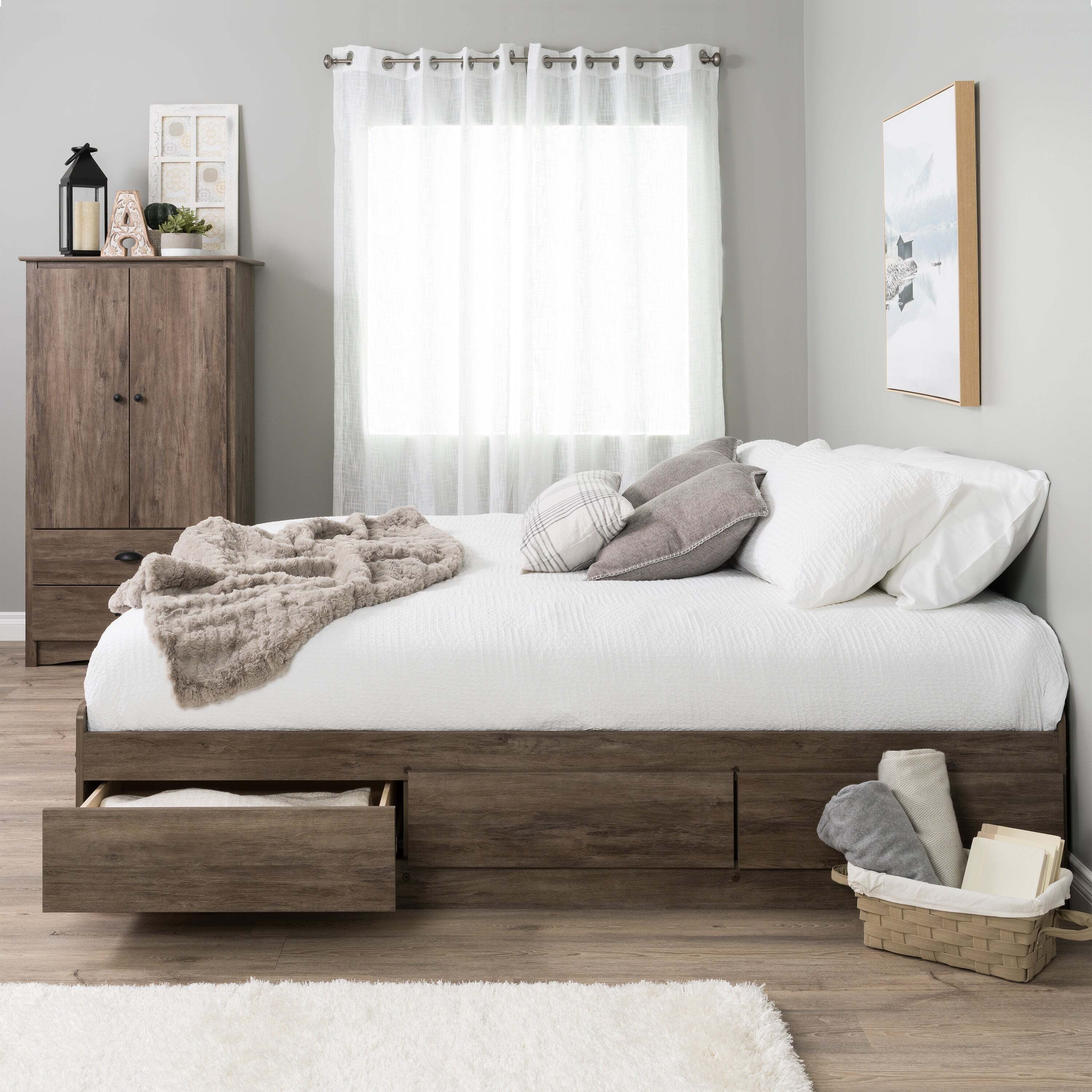 Wood platform bed with two drawers Twin/Full Size Bed Frame With Headboard White 