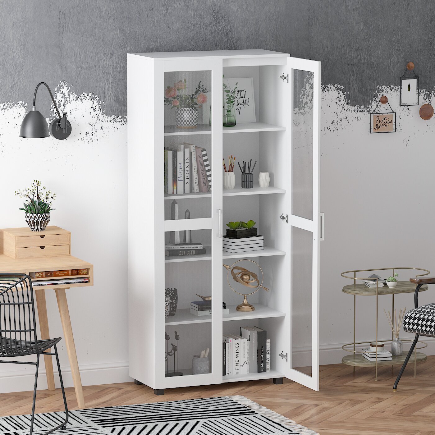 Narrow bookcase with glass doors