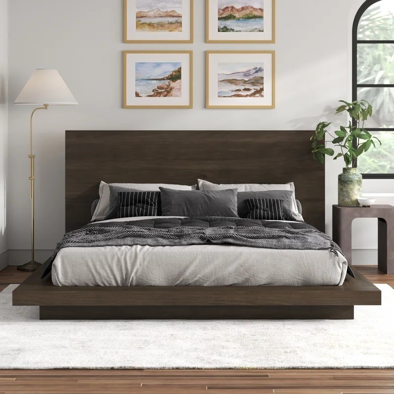 Natural Wood Zen Platform Bed with Headboard