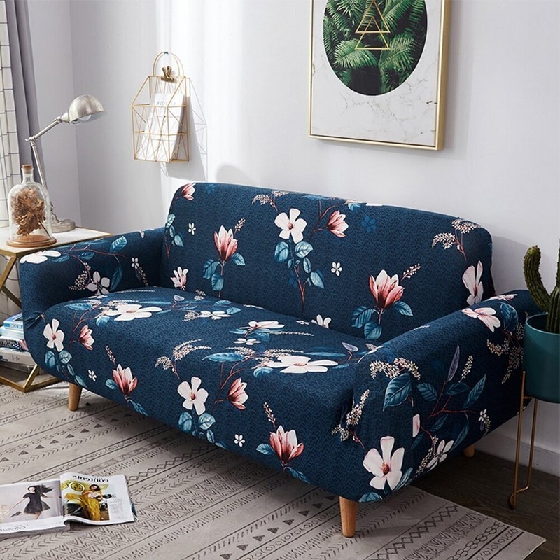 Navy Blue and Light Pink Floral Sofa Cover